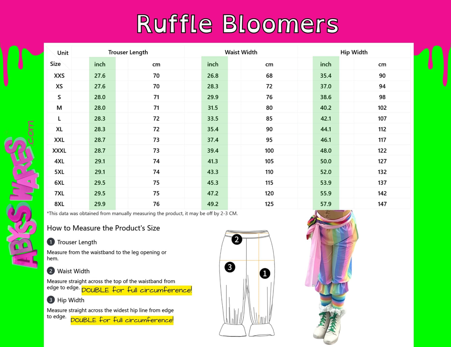 Ruffle bloomers size chart with measurements and a person wearing the bloomers.