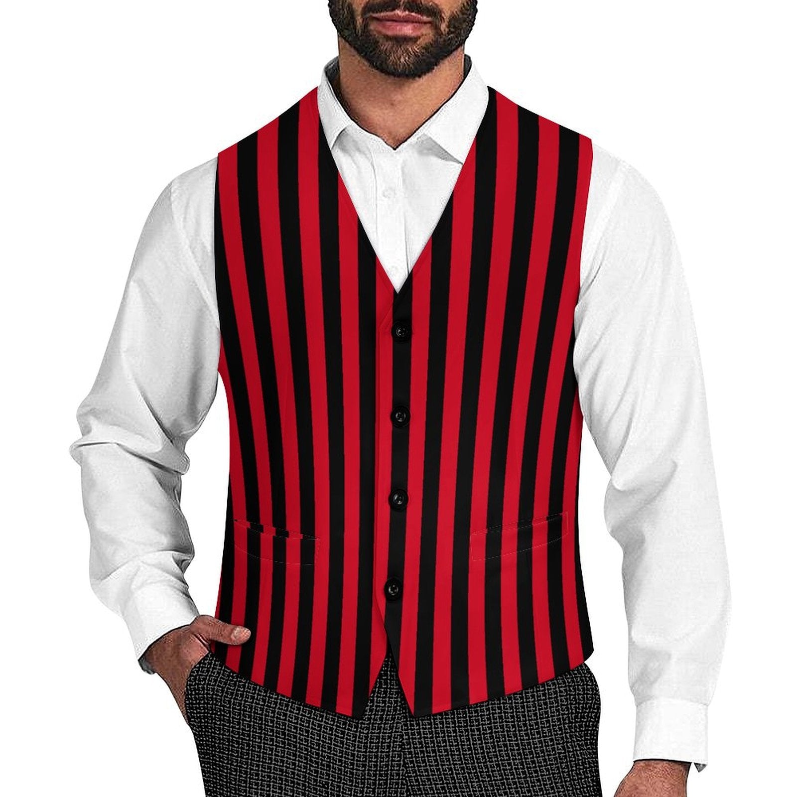 red dress shirt with black vest Red Black Striped Fancy Men's Vest