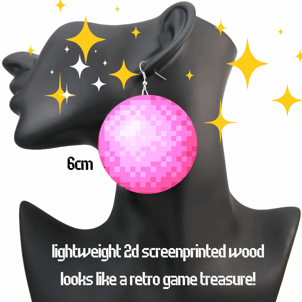 8-bit Pink Game Princess 2D Earrings | Lofi Funny Gems Cosplay Costume Jewelry