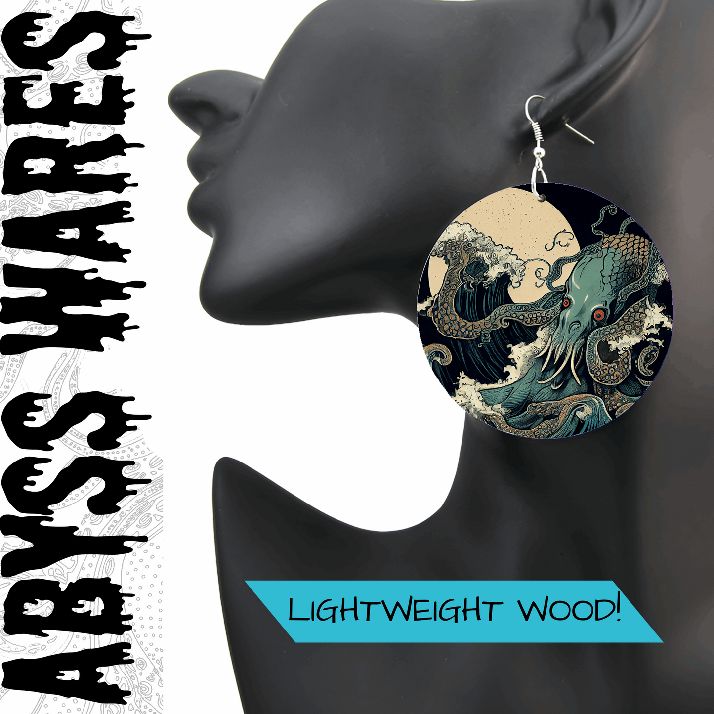Abyssal Dreams wood earrings Neo Ukiyo-e Cthulhu | Grey Blue Moon Waves