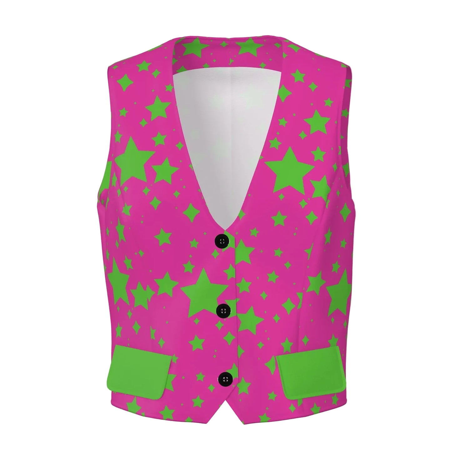 Pink vest with green star pattern on a white background
