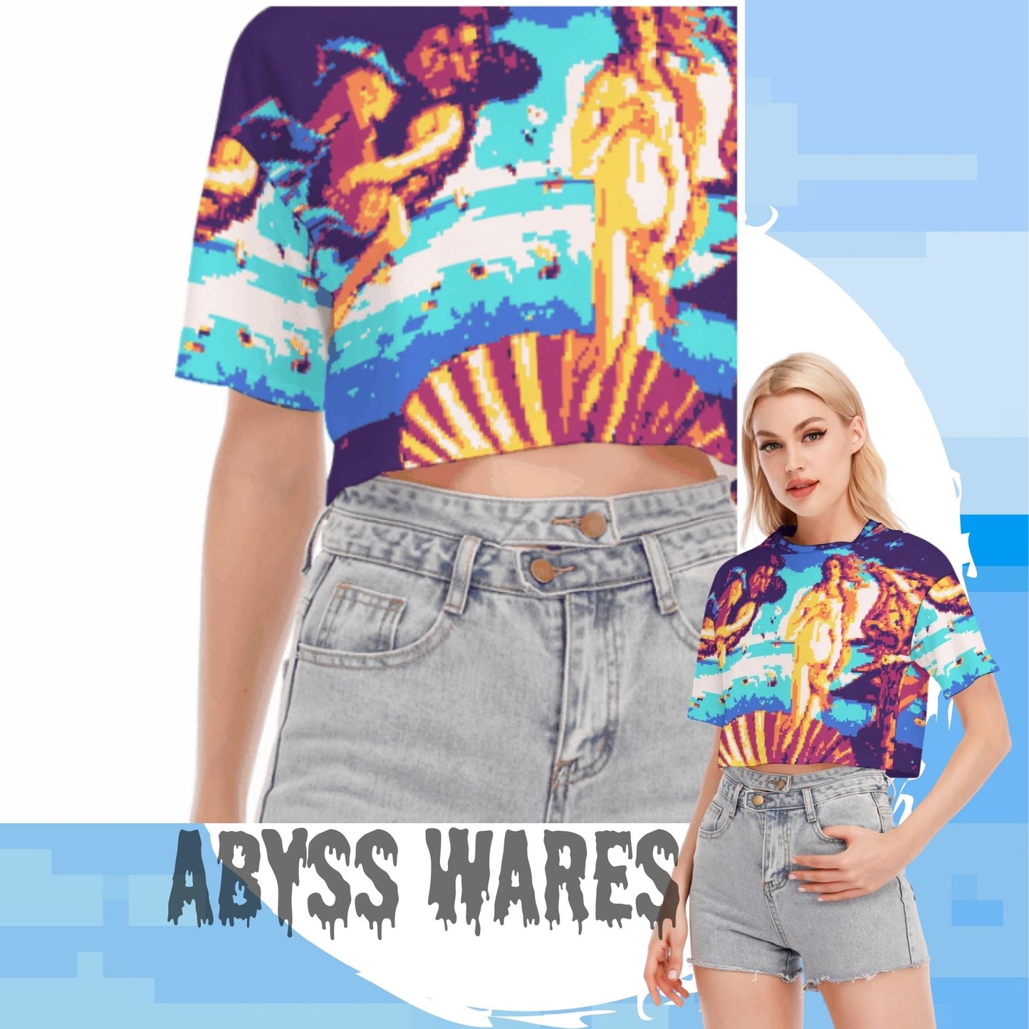 8bit Aphrodite Cotton Crop Top Birth of Venus Webcore Pixel Art Cyber Goddess Shirt Weirdcore Scene