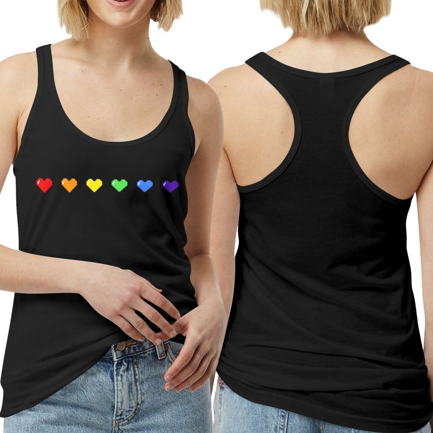 rainbow hearts tanktop with a racerback cut for ladies, printed in USA