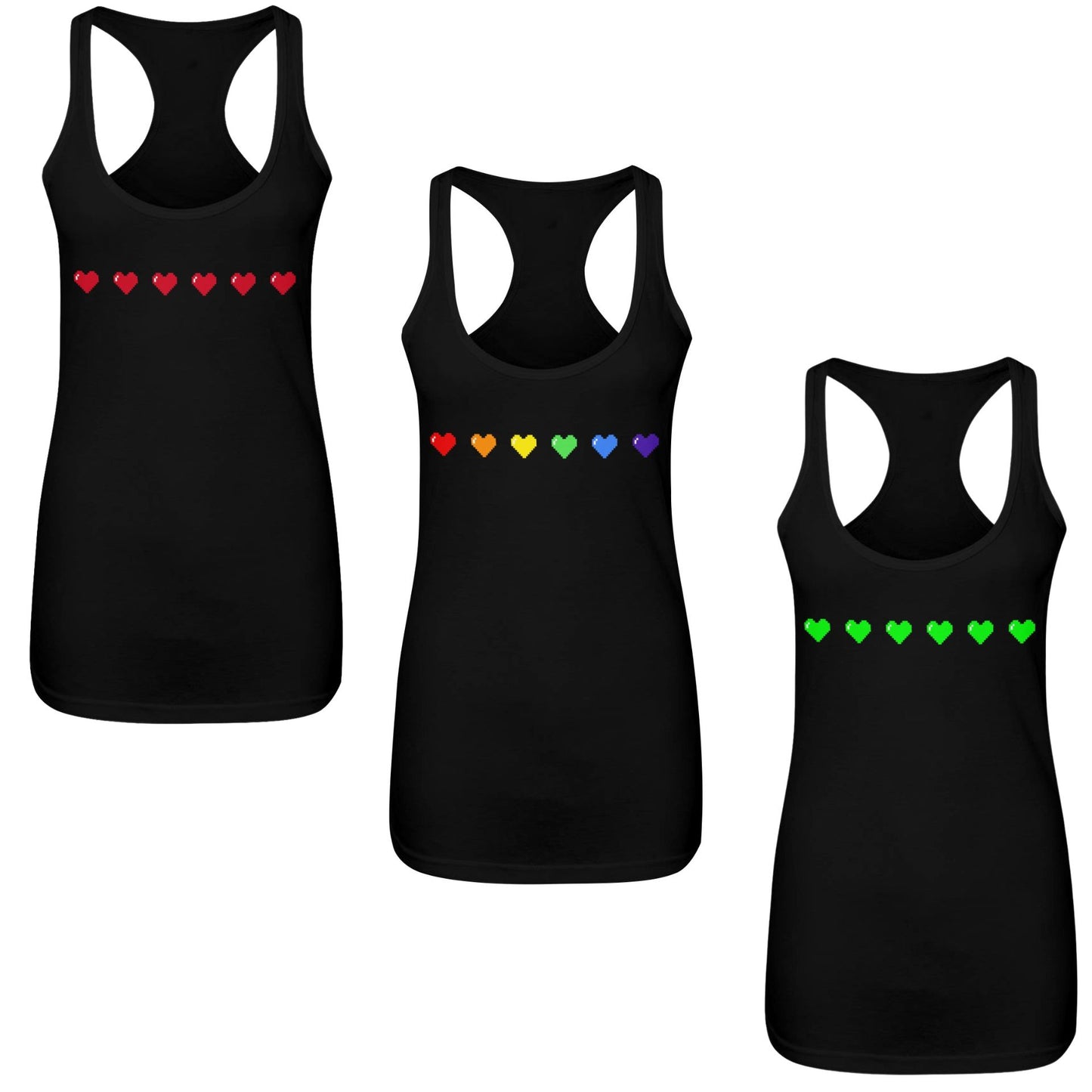 black tank tops with 8bit hearts available in rainbow, red or green heaerts on a black tank.