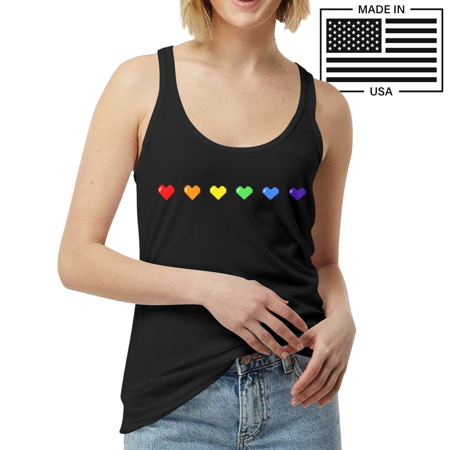 simple 8bit Rainbow hearts design on a black tank top for women, made in USA