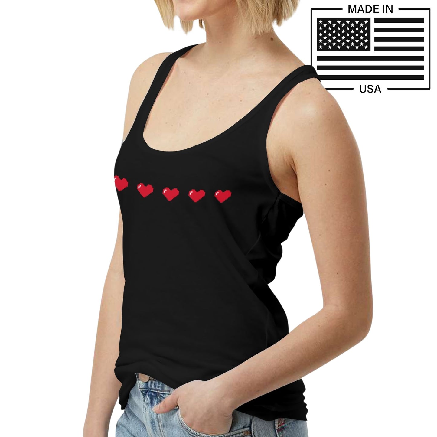 simple ed hearts in 8bit pixel art style printed on a black tank top for women, made in USA