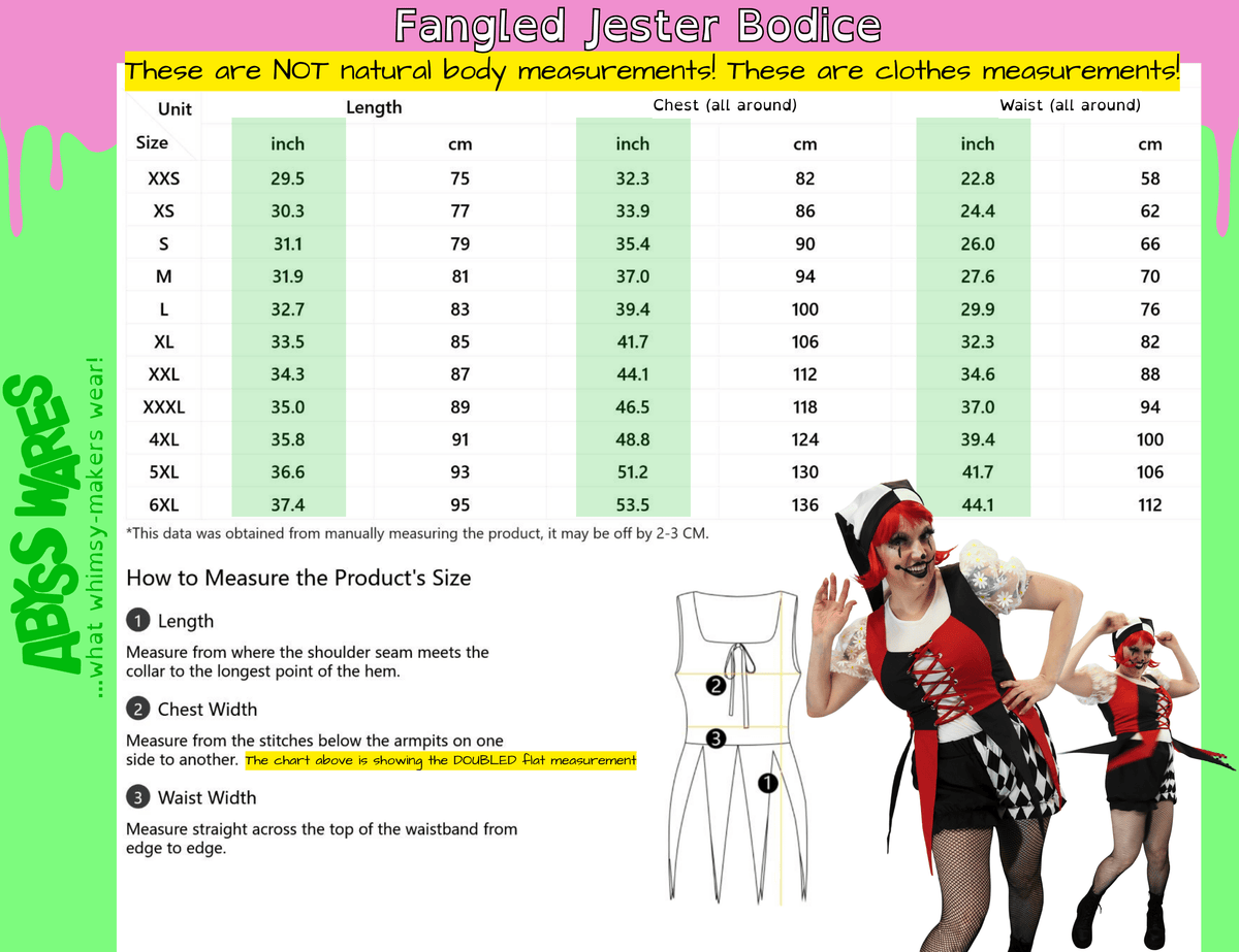 AbyssWares Fangled Bodice size chart, jester elf clown corset plus size