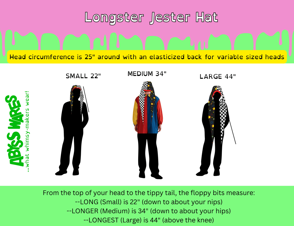 AbyssWares Longster Jester Hat size chart, long jester hat, medieval clown cap