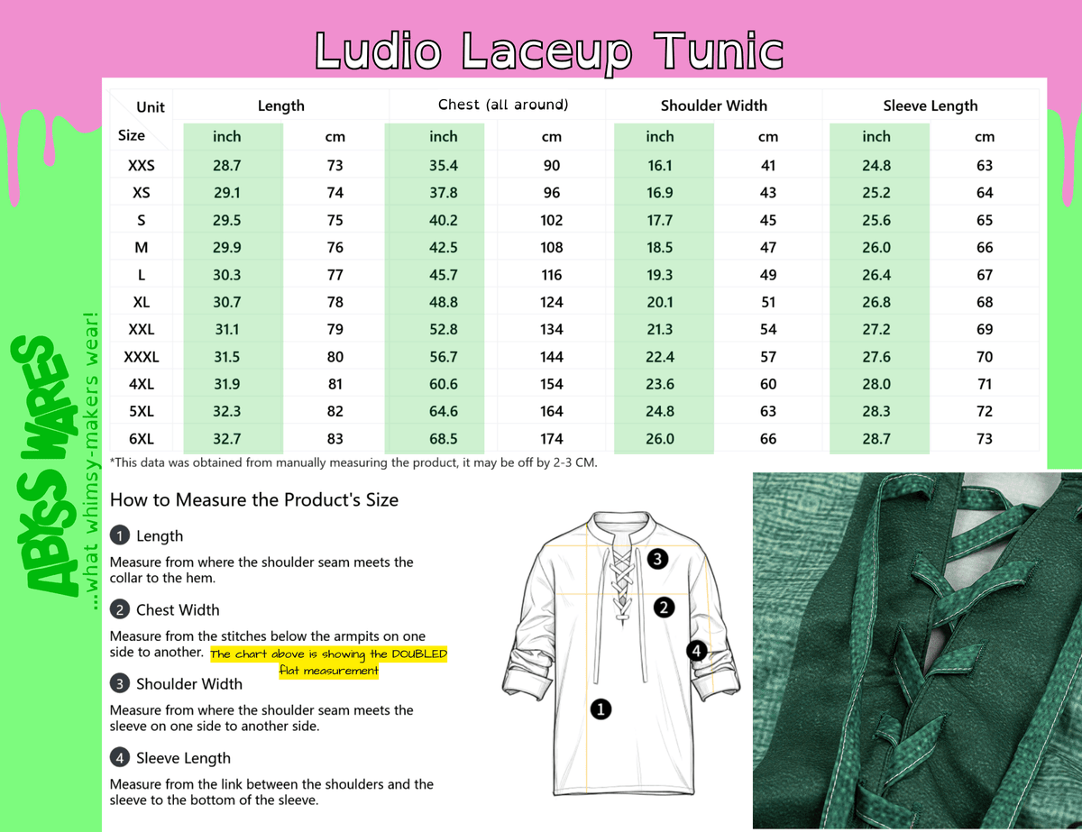 AbyssWares Ludio Laceup Tunic size chart, mens tunic, ren faire jester shirt