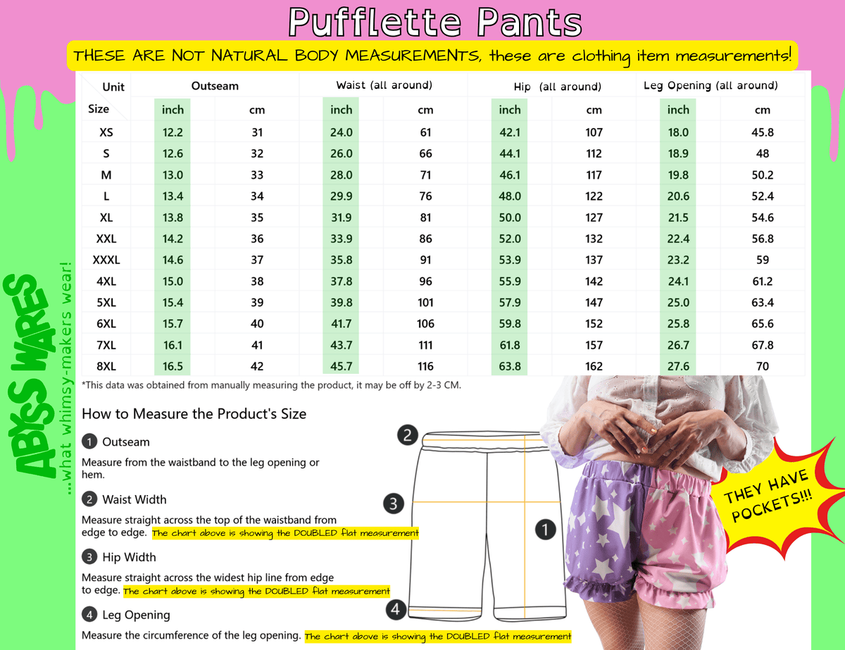 AbyssWares Pufflette Pants size chart, ruffle jester bloomers, clown shorts