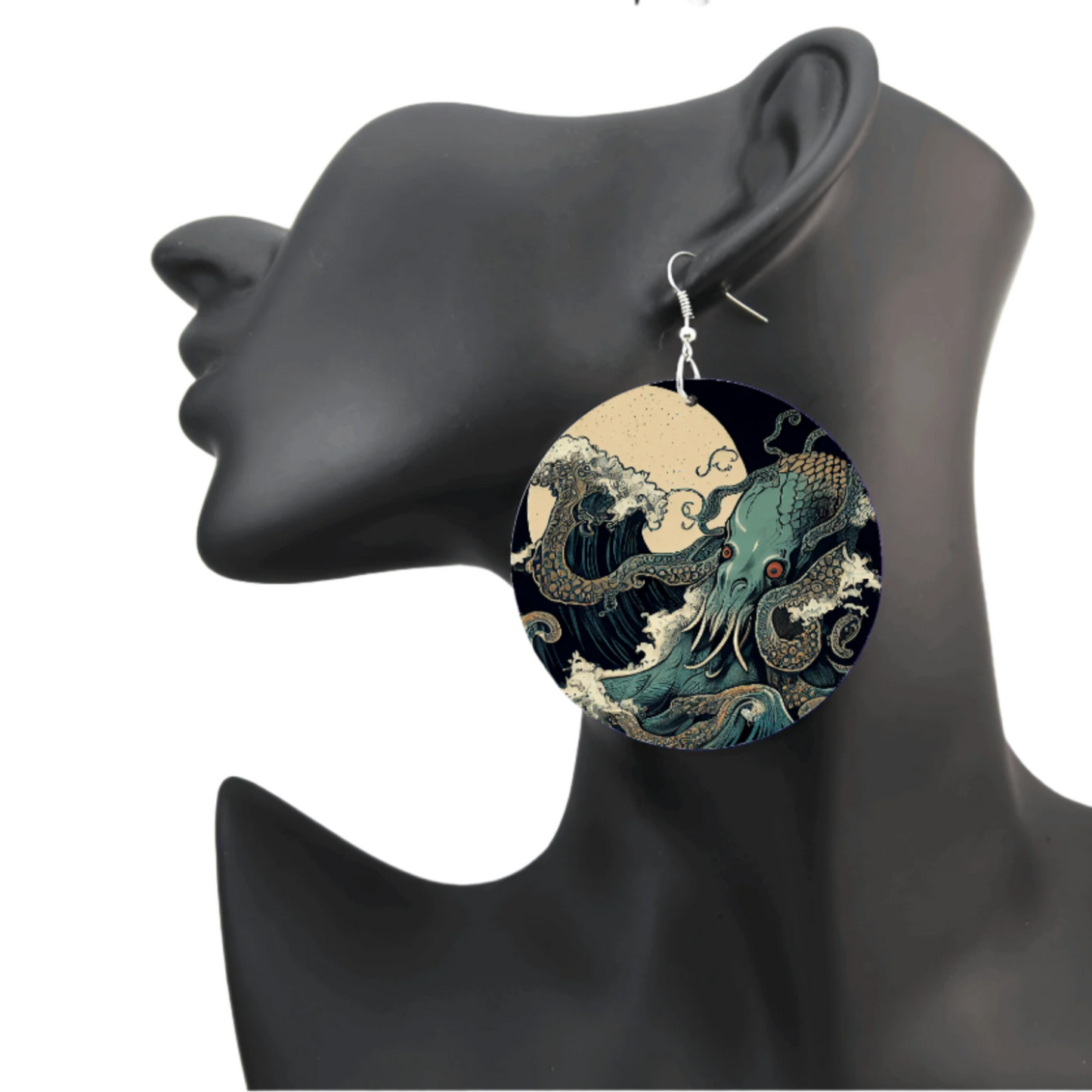 Where to buy awsome unique Cthulhu HP Lovecraft inspired jewelry like this sea monster ukiyo-e style earrings egirl style weird and elegant AbyssWares.com