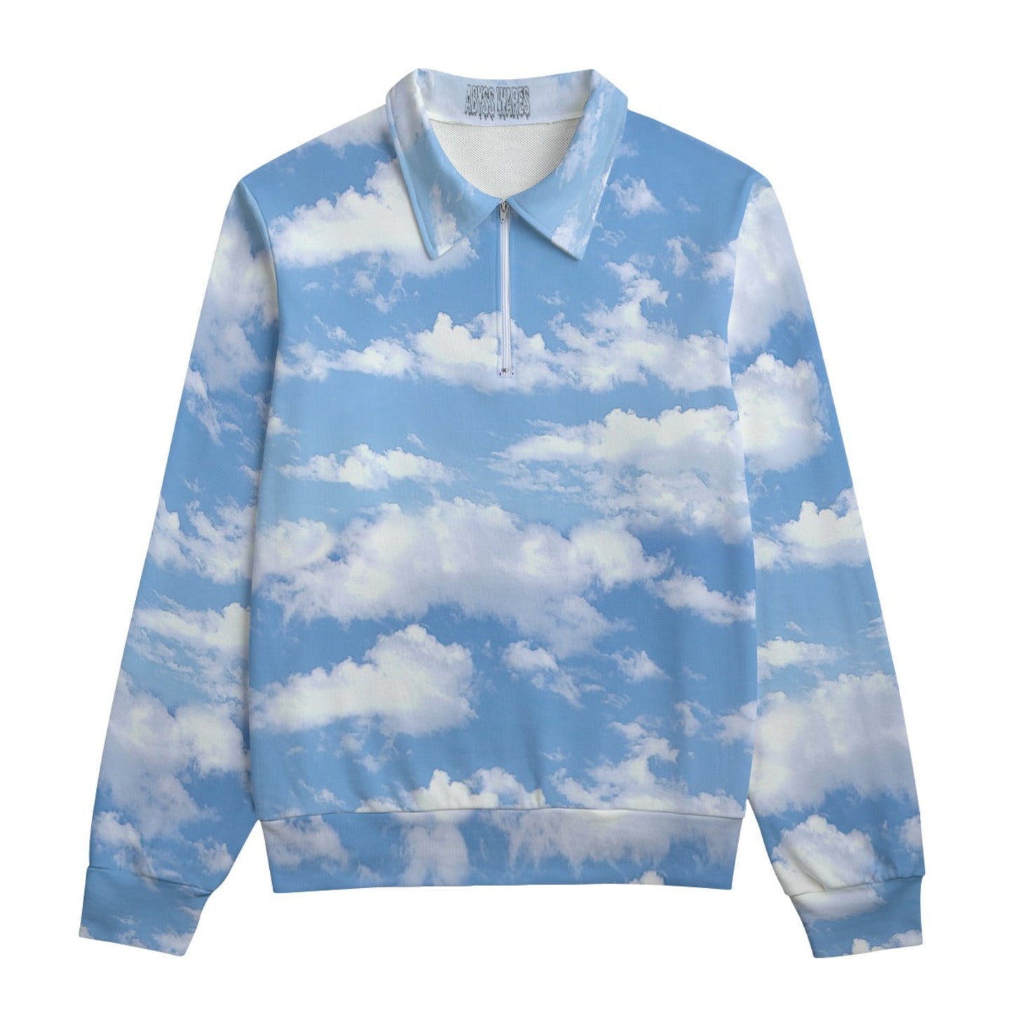fluffy photorealistic clouds in a blue sky on a long sleeve collared sweatshirt