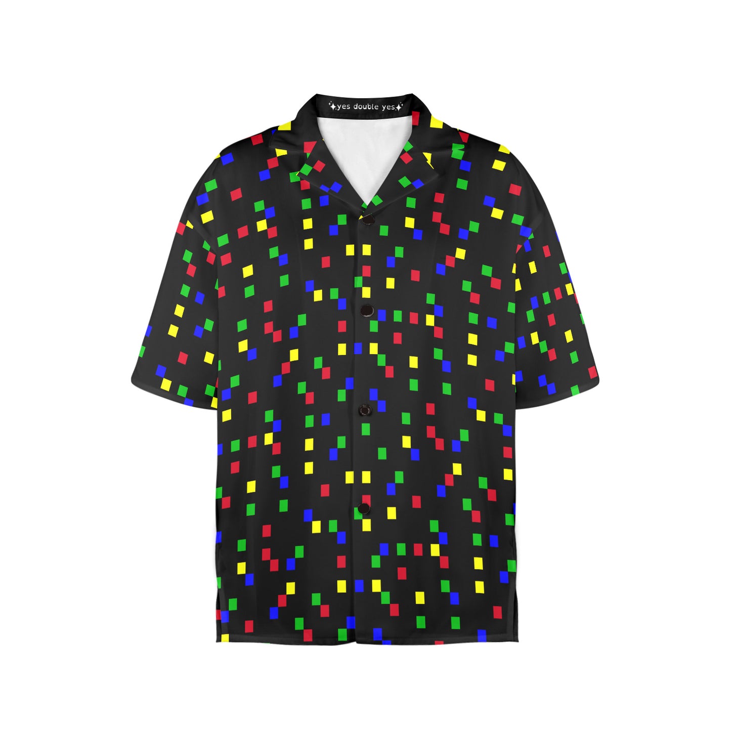 Ladies short sleeve button up blouse, black with party-colored squares nostalgic style