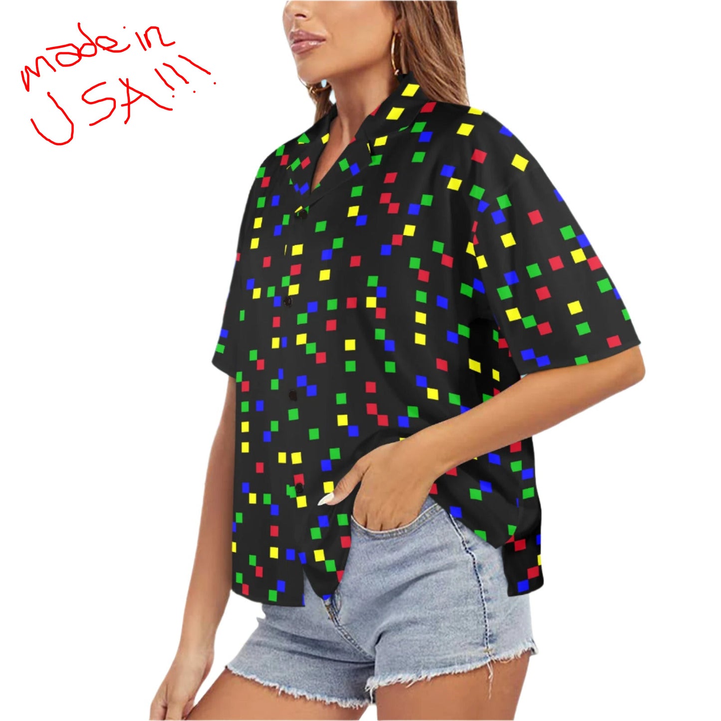 womens clowncore blouse in black with red, blue, green, and yellow randow squares of color, short sleeved with camp collar