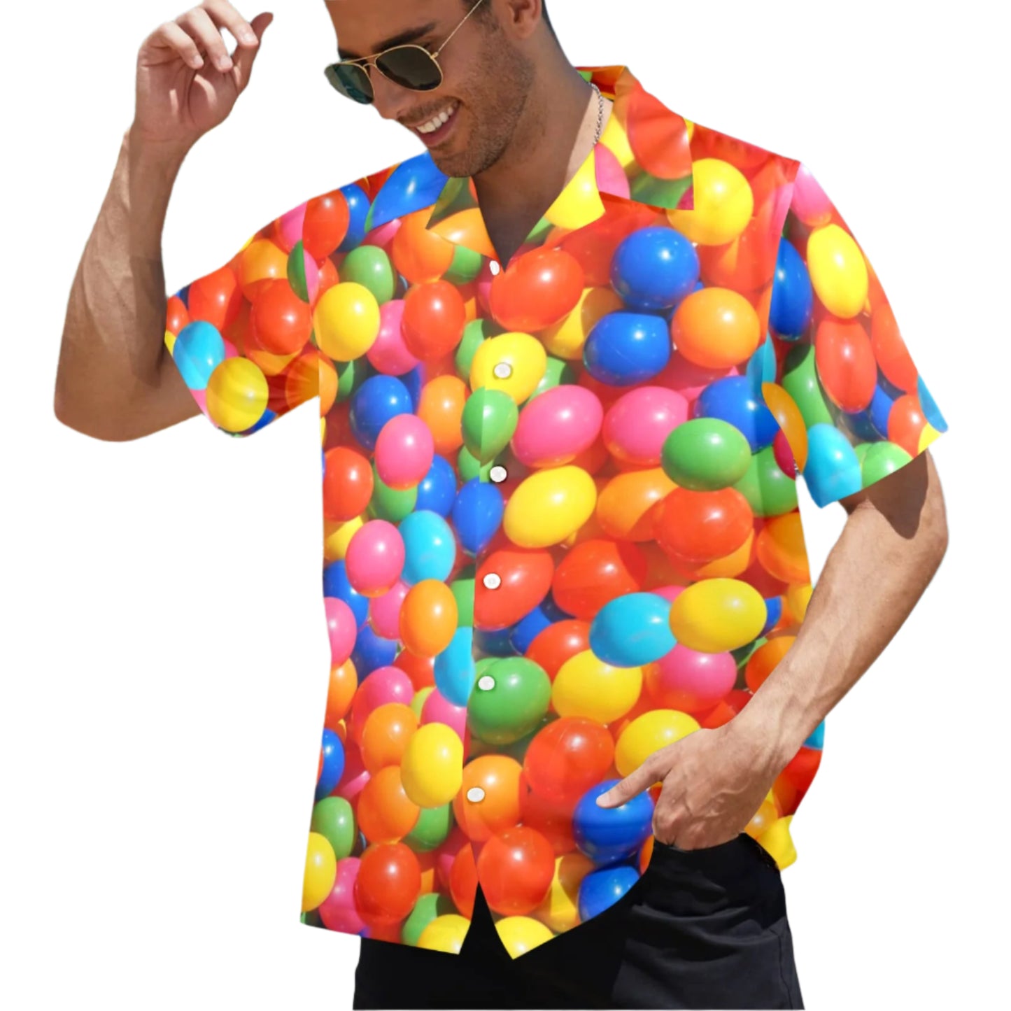 Balloonatic Bowling Shirt for men, colorful kidcore ball pit balls print on a short sleeve Hawaiian shirt