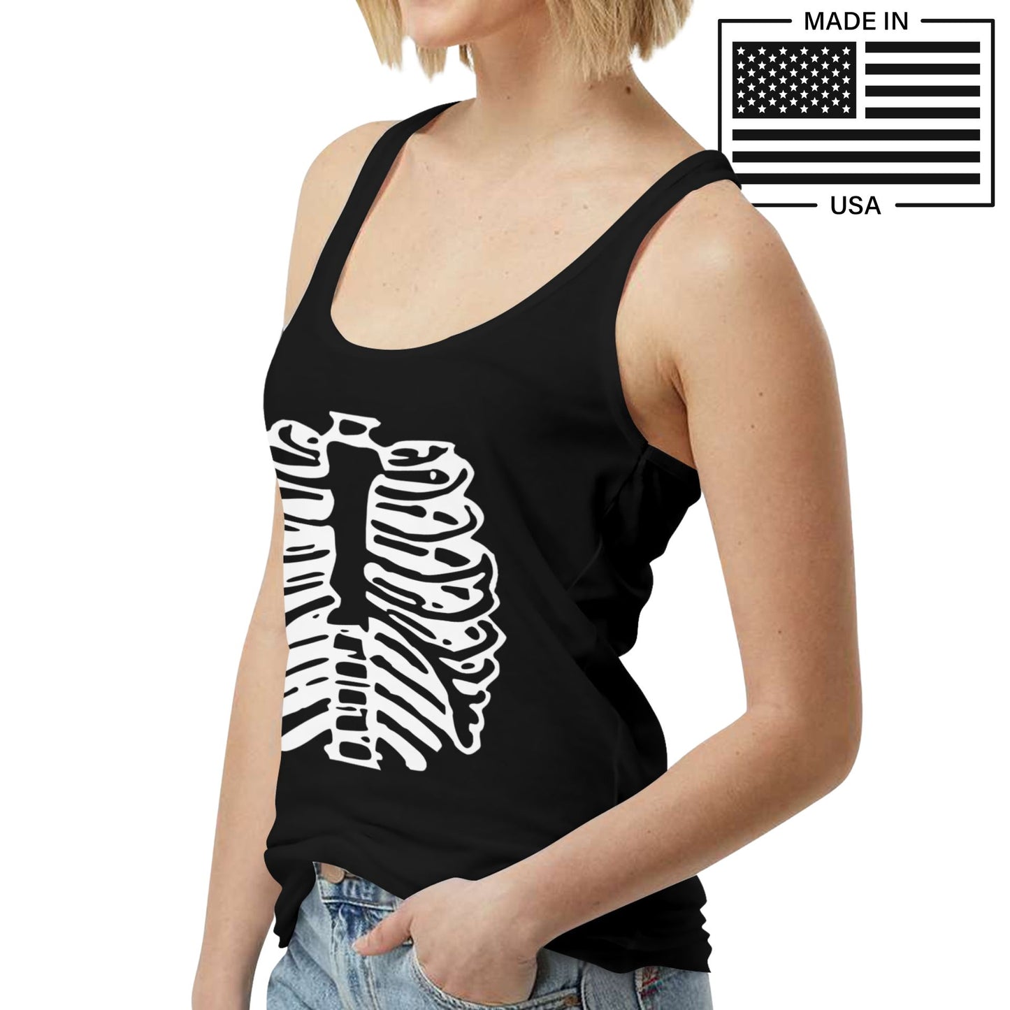 black tank top printed with white rib cage, Hallween shirt made in USA