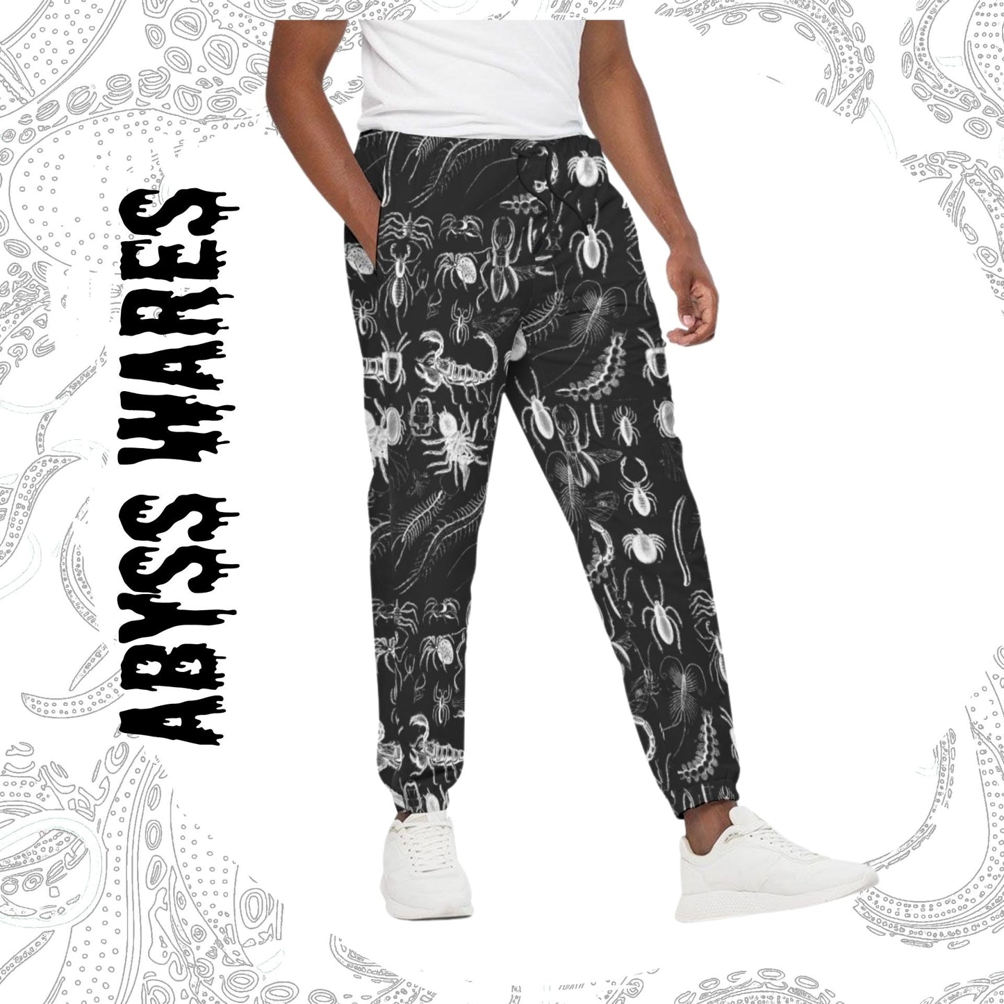 black cotton luxury sweatpants for men women unisex with old timey insect print