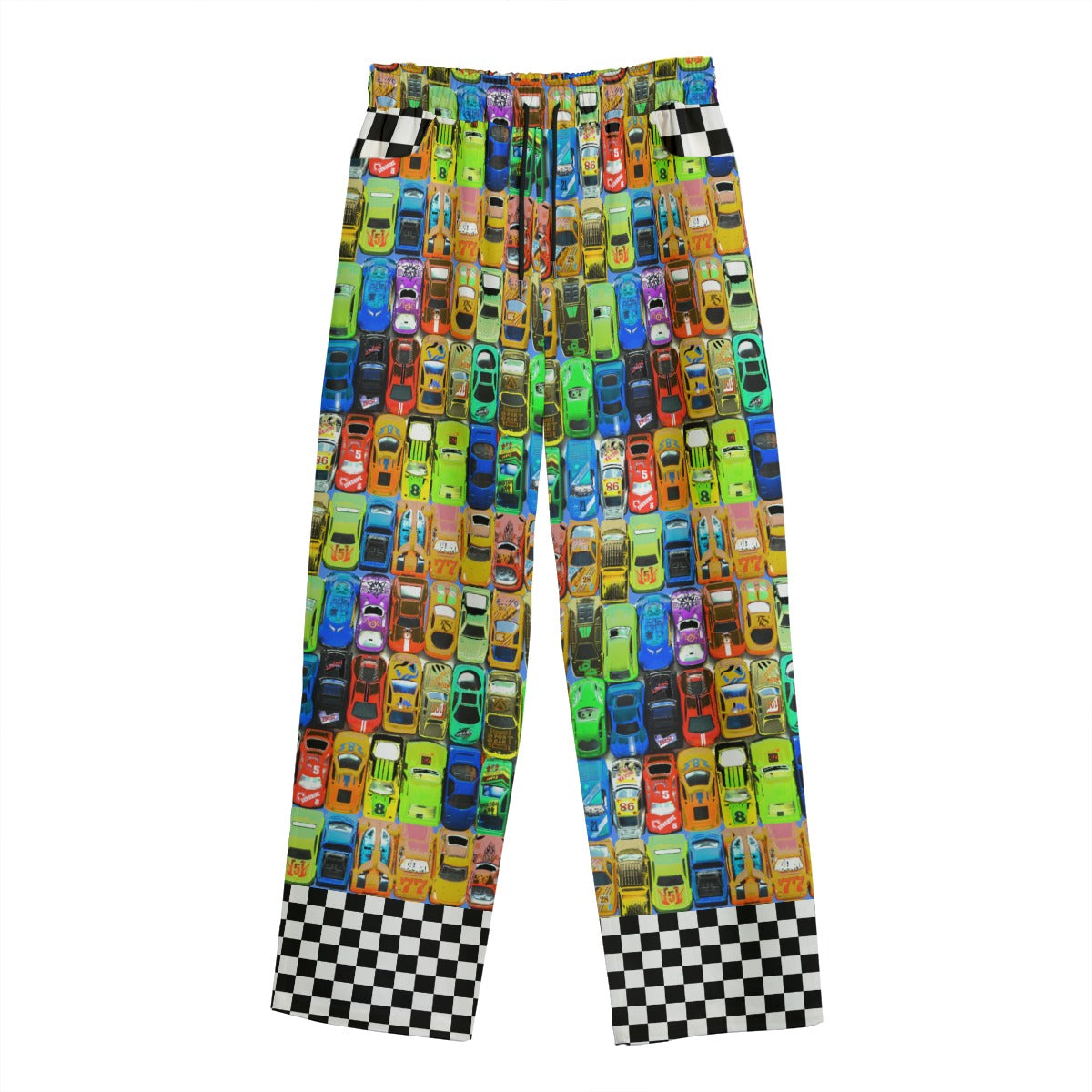 Colorful pants with a pattern of small cars on a white background