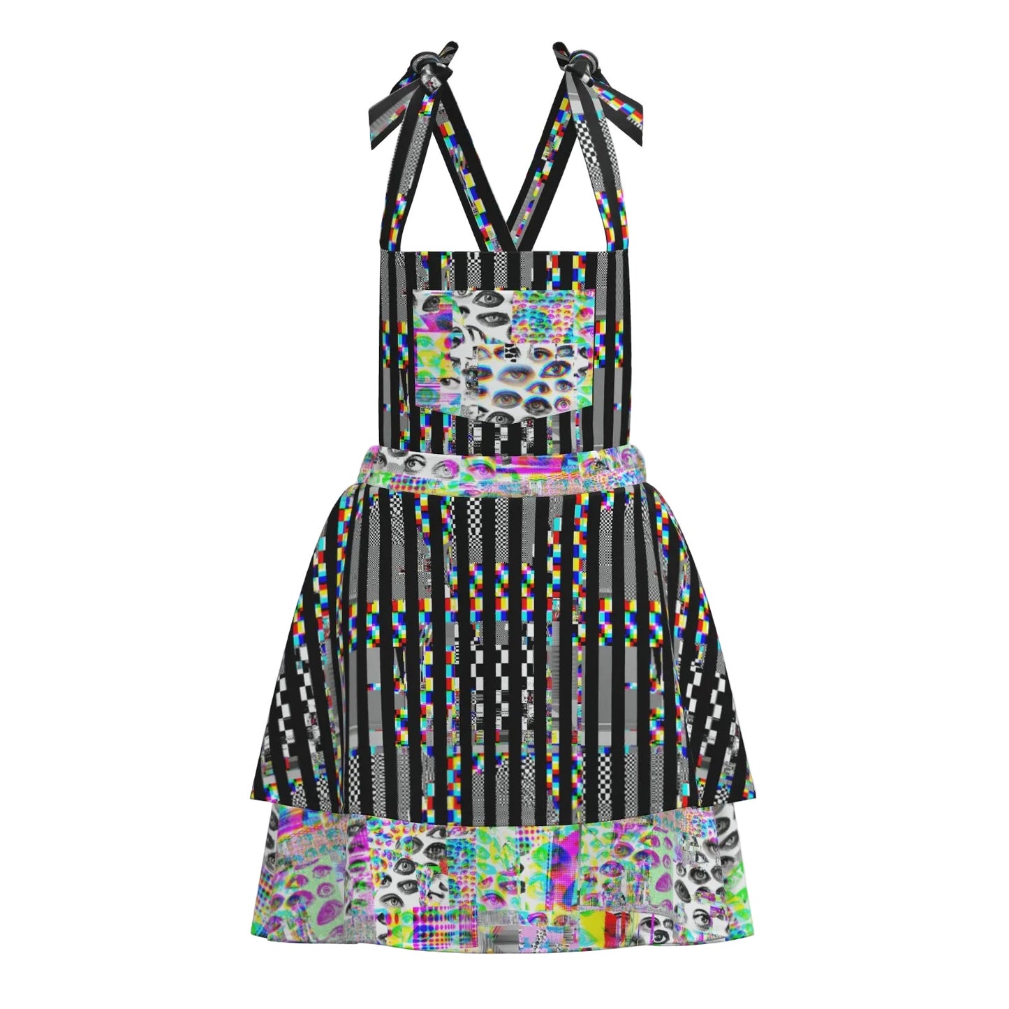 Multicolored weirdcore apron dress with glitch patterned stripes and eyeballs design