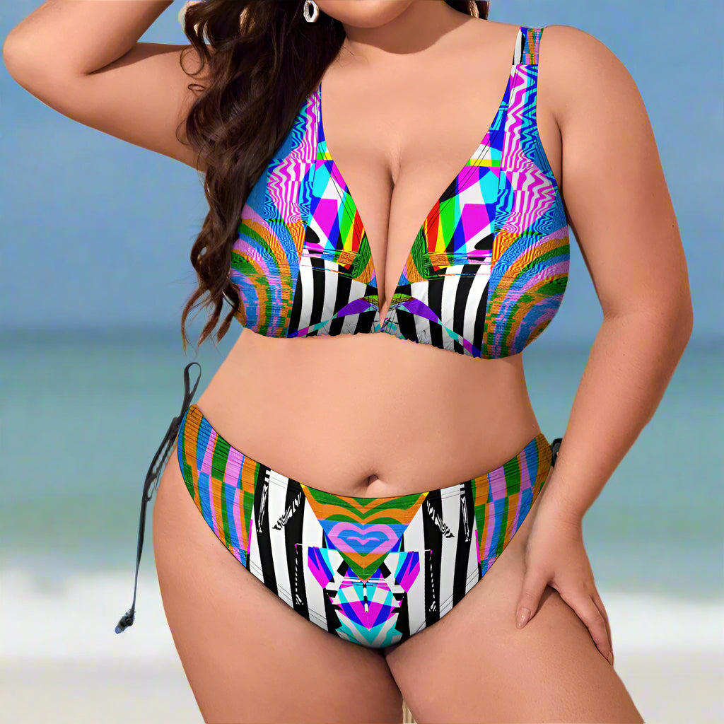 Woman wearing a colorful bikini set with a blurred beach background