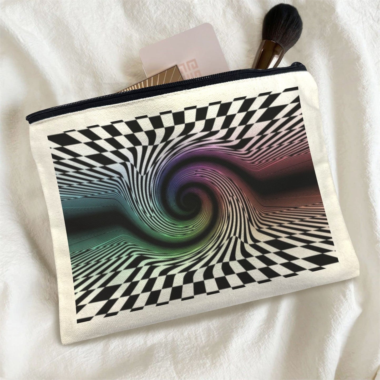 trippy rainbow spiral checkered zipper pouch for organizing your purse or backpack in poly cotton canvas