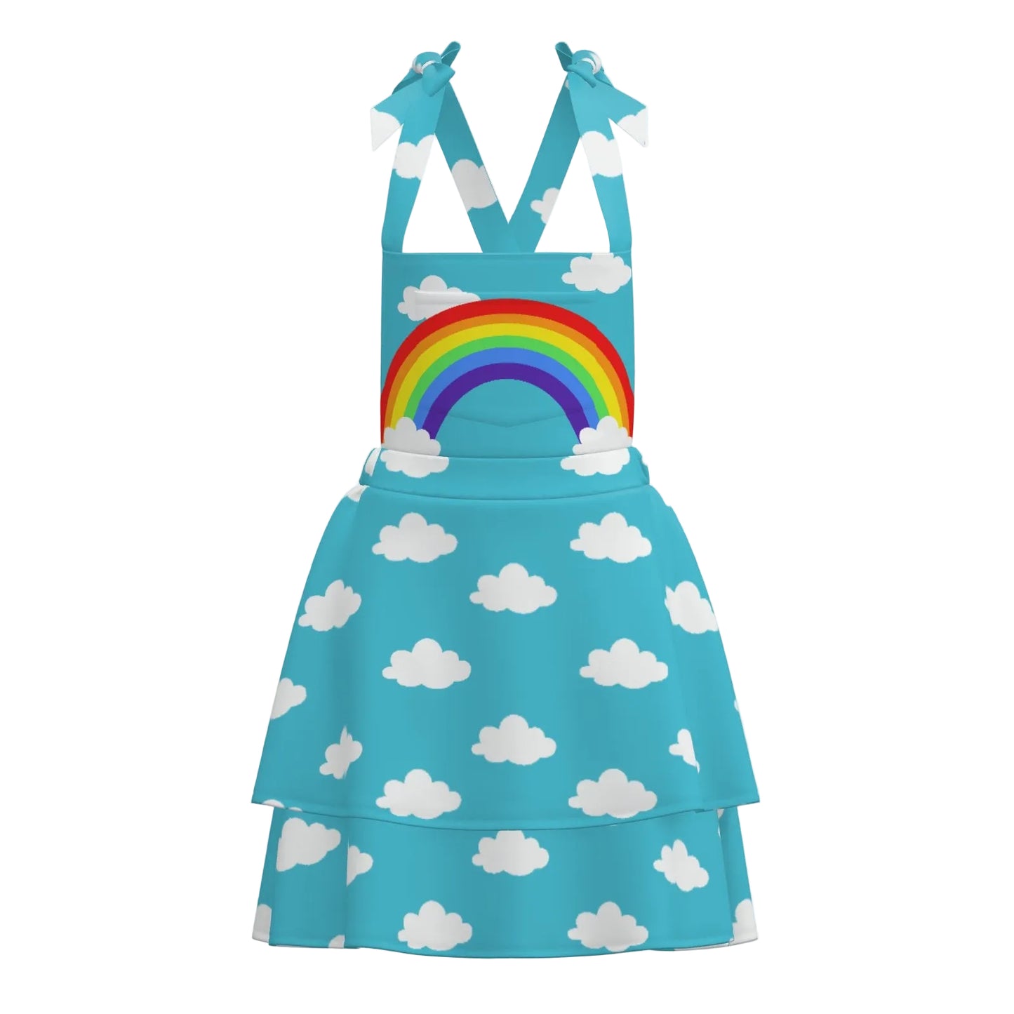 Womens adult kidclore clowncore dress with rainbow and cloud pattern on a white background