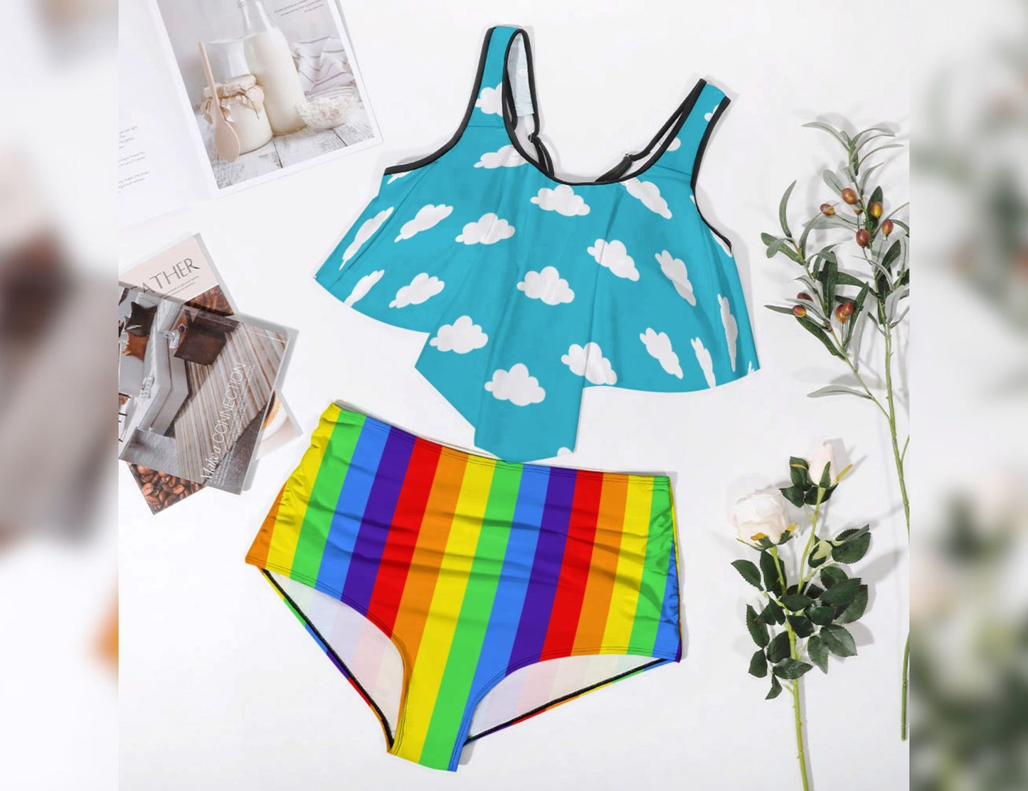 Clouds n Rainbows Flowy High Waist Bikini Set