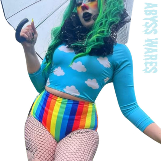 adorable long sleeve bikini set with clouds pattern blue rash guard top and rainbow stripe bottoms