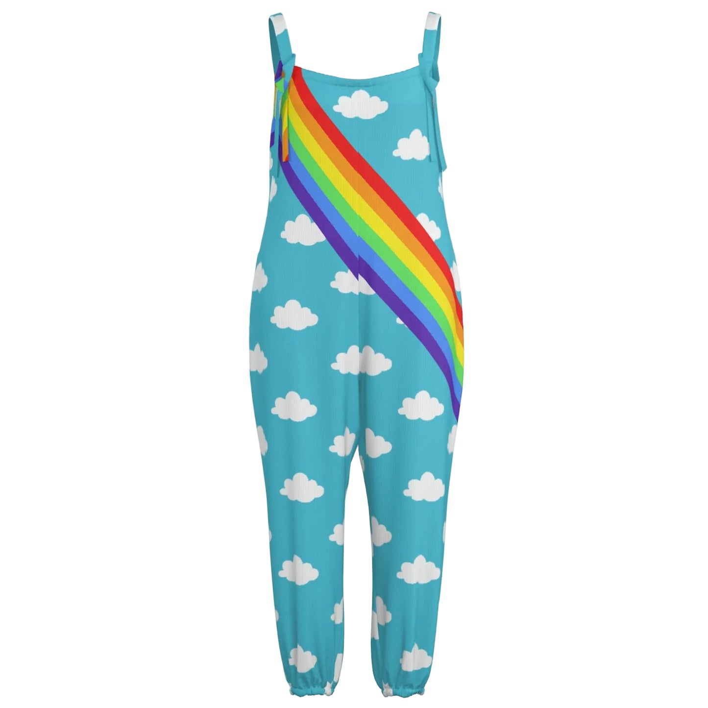 Dungarees with rainbow and cloud pattern on a white background