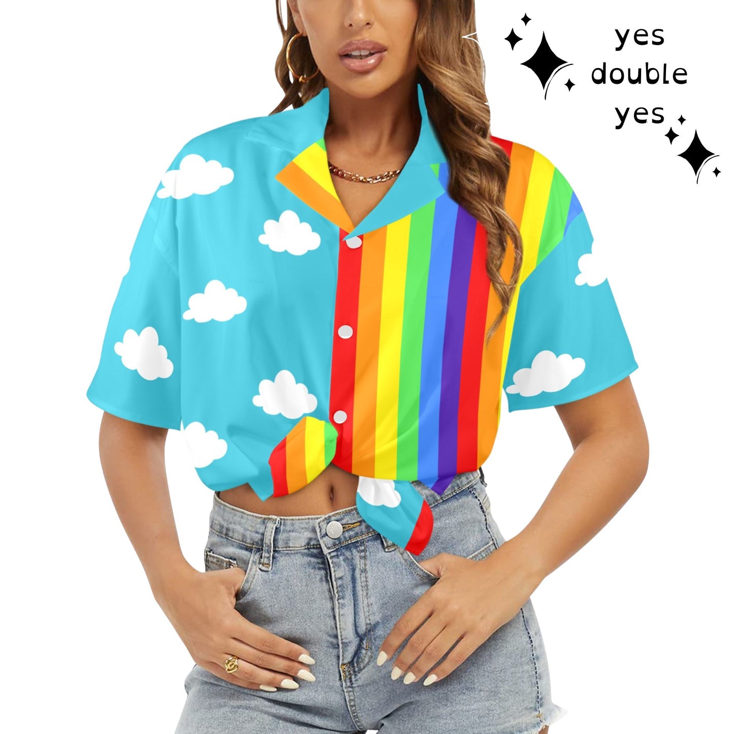 Clouds n Rainbow Button Blouse, USA-made