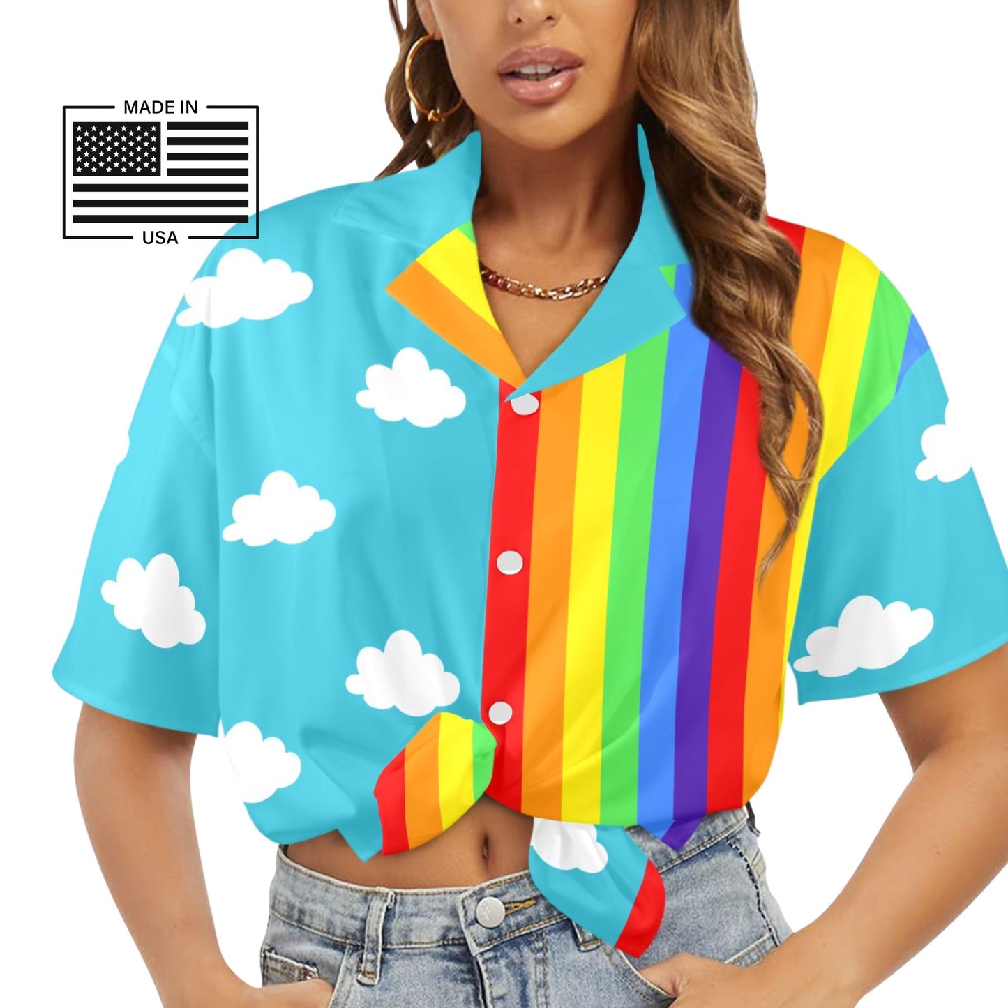 Clouds n Rainbow Button Blouse, USA-made
