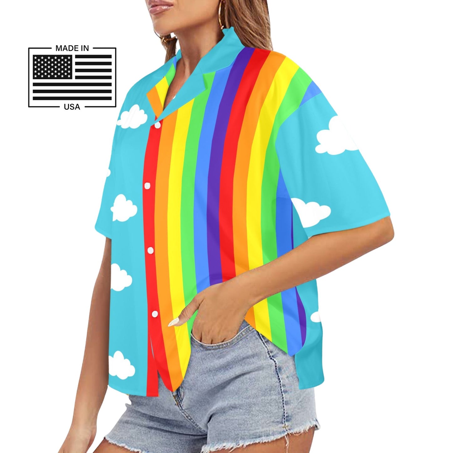 Clouds n Rainbow Button Blouse, USA-made