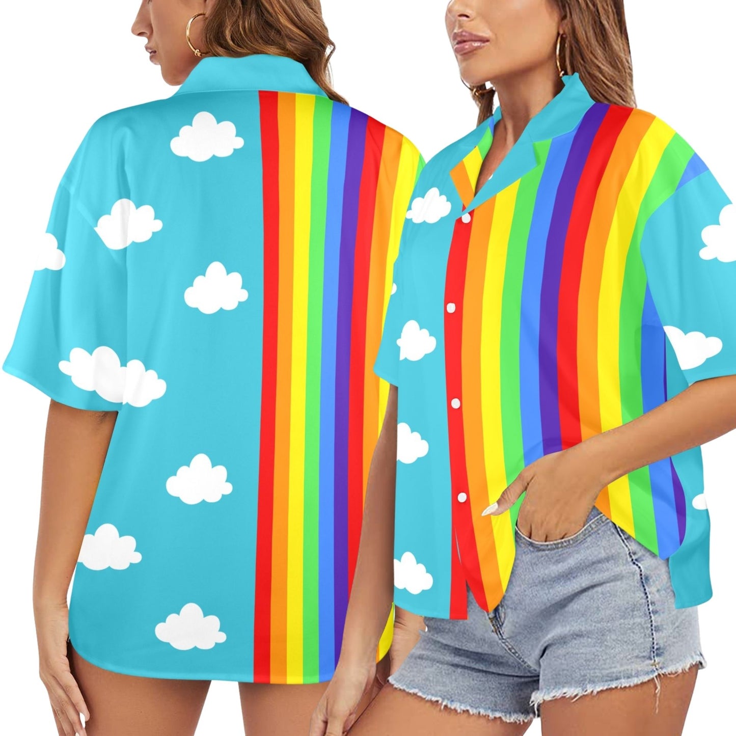 Clouds n Rainbow Button Blouse, USA-made