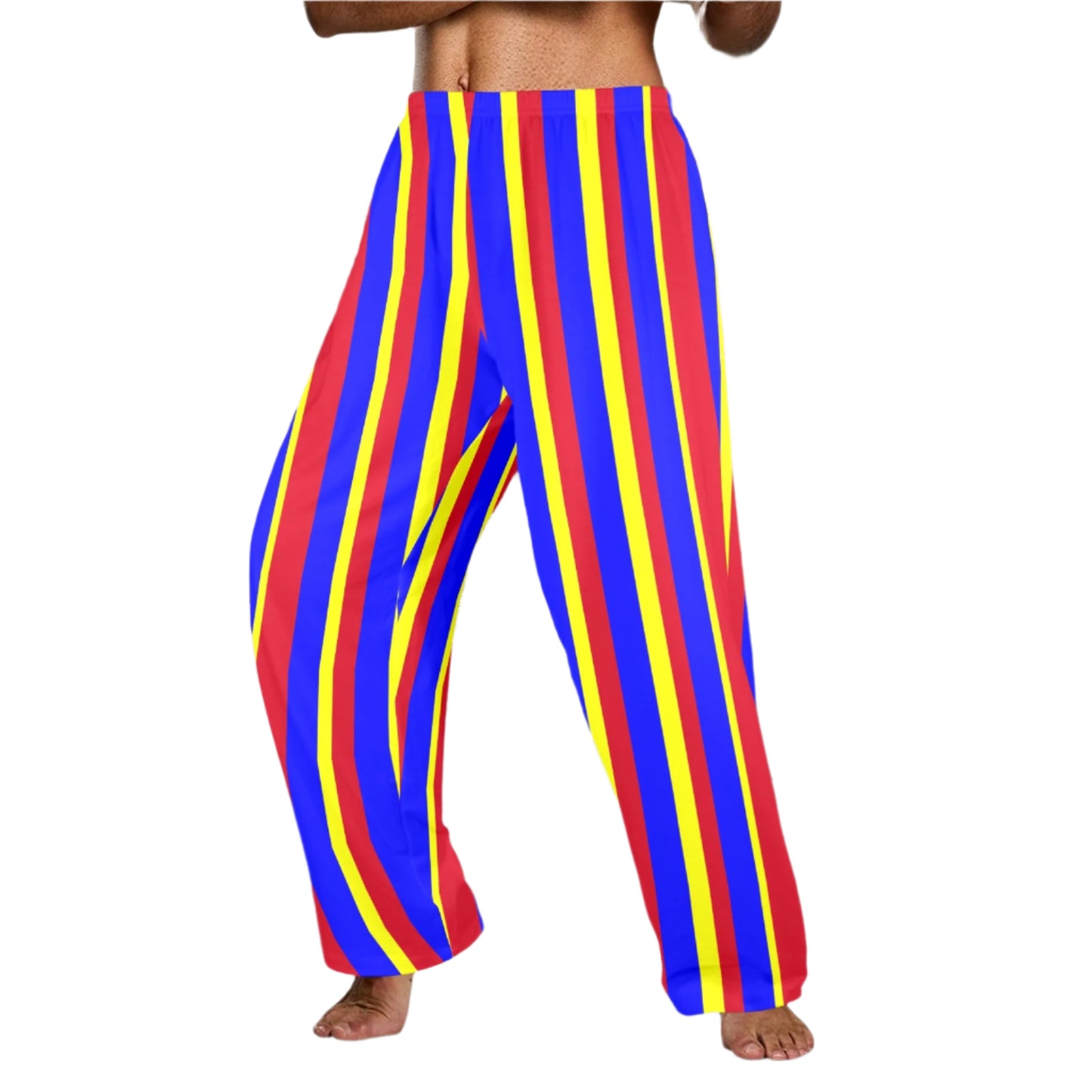 Clown Stripe unisex pants in red yellow and blue vertical stripe