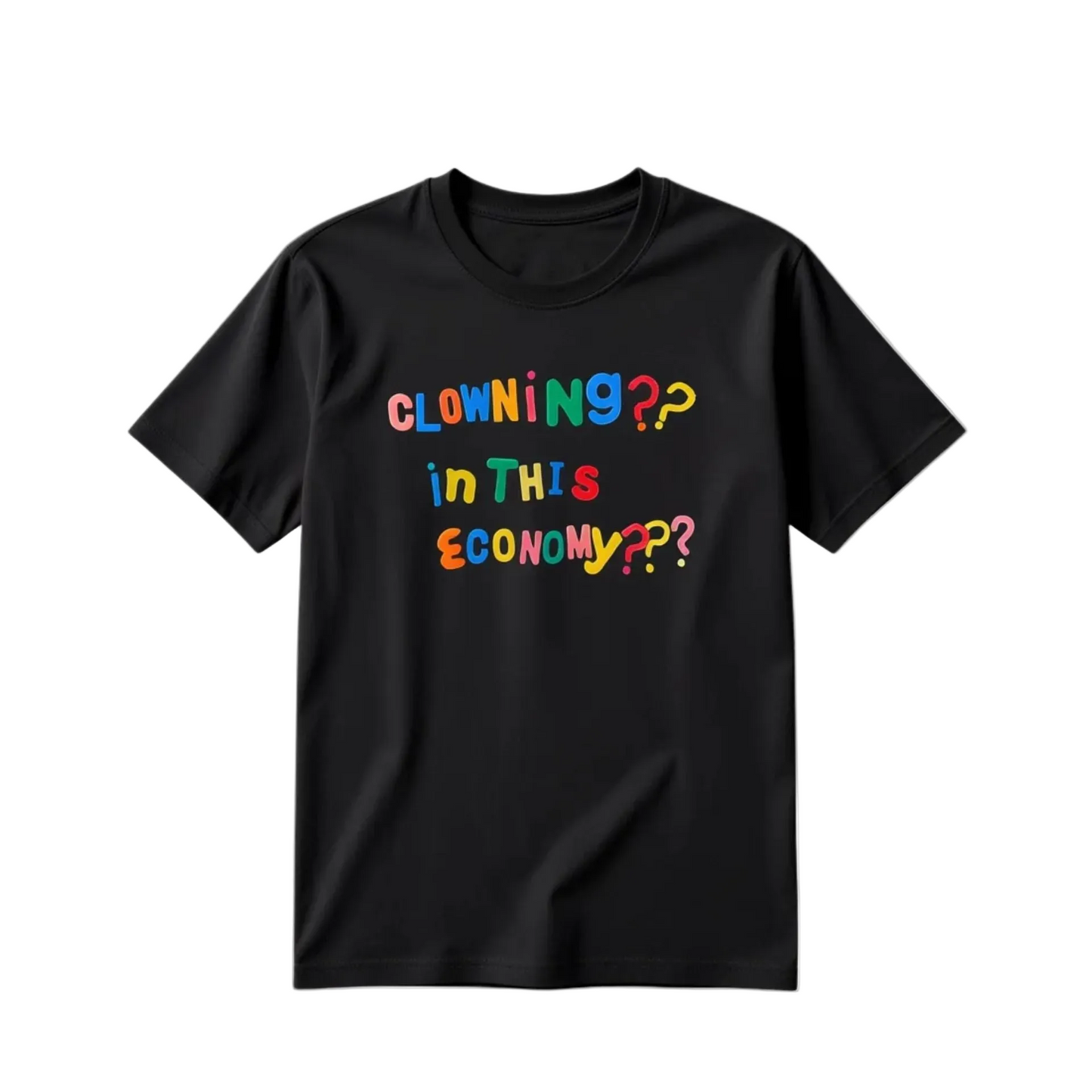 Black t-shirt with colorful text on a white background