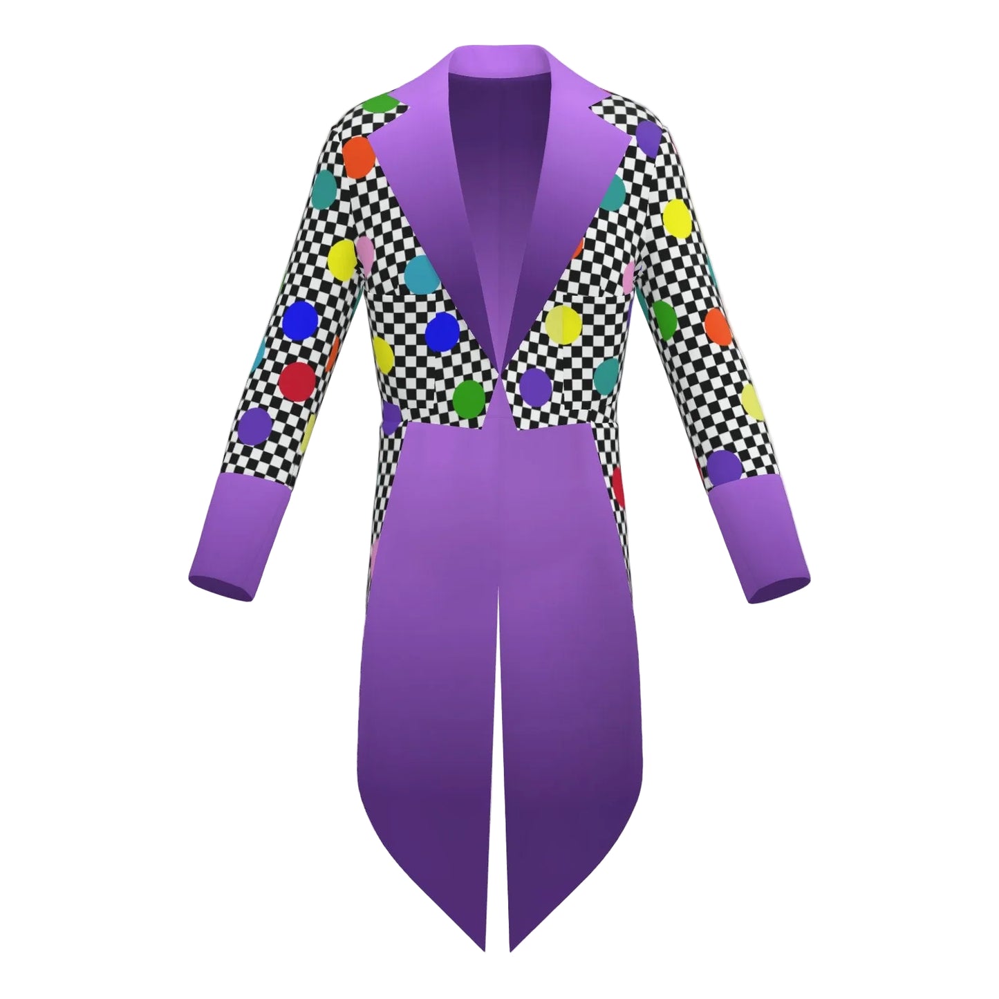 Confetti Check Joker Tailcoat clown tux jacket with polkadot check outside and purple ombre inside