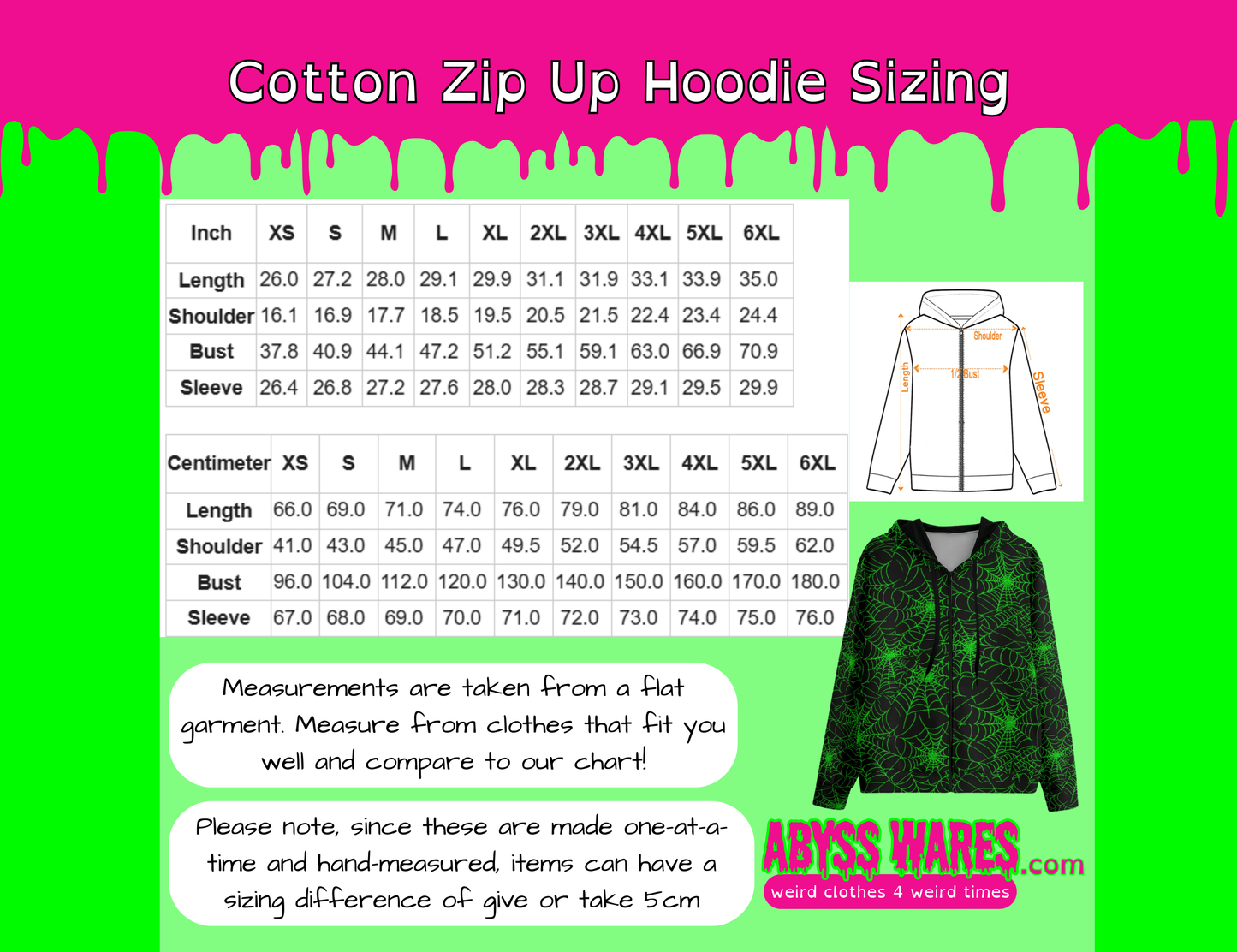 Cotton zip-up hoodie sizing chart with measurements and a green hoodie on a pink and green background.