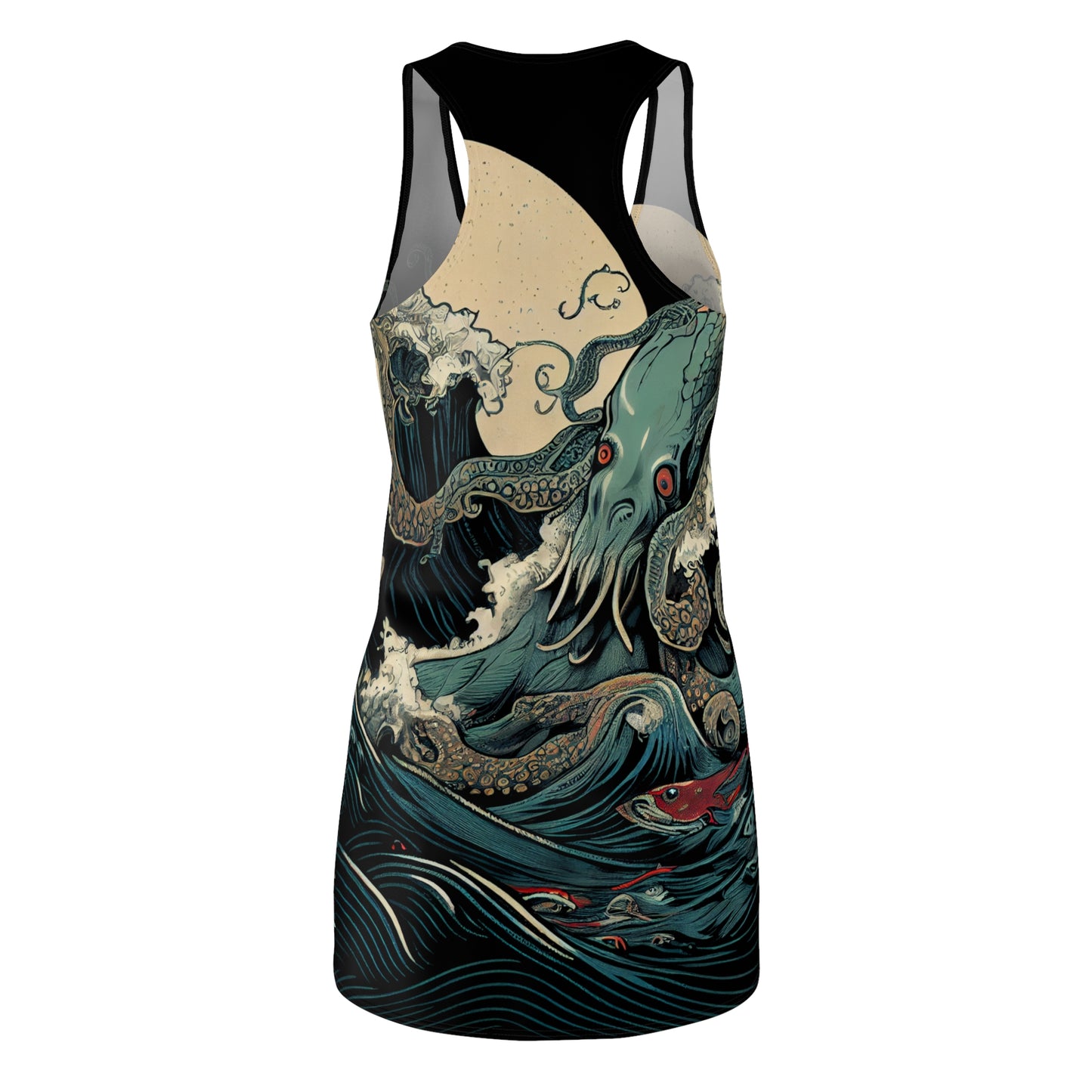 racerback tank dress with a design of an octopus and fish on a wave, on a white background