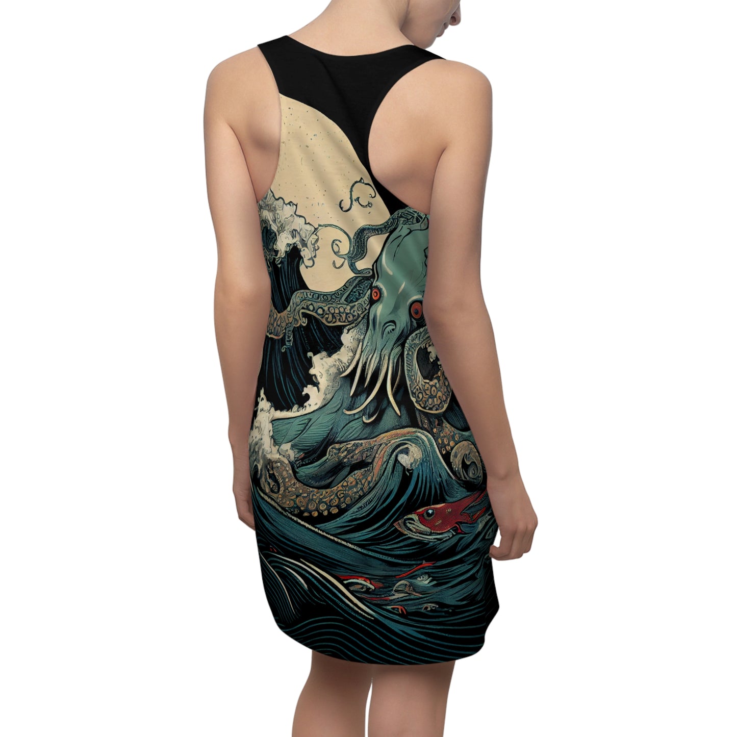 Dress with a wave and octopus design on a white background
