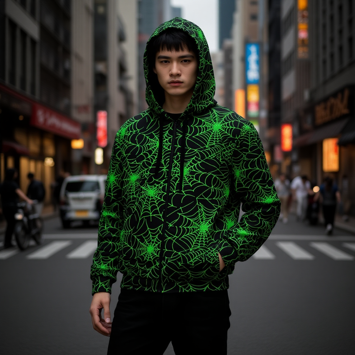 Person wearing a green spider web pattern hoodie on a city street.