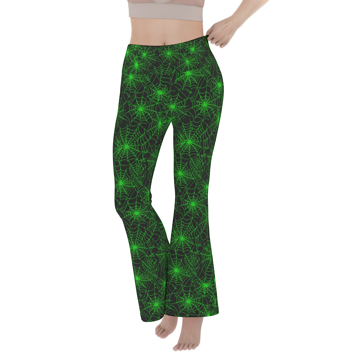 Dark Web Yoga Flare Pants in cyber lime green and black stretch pants for women