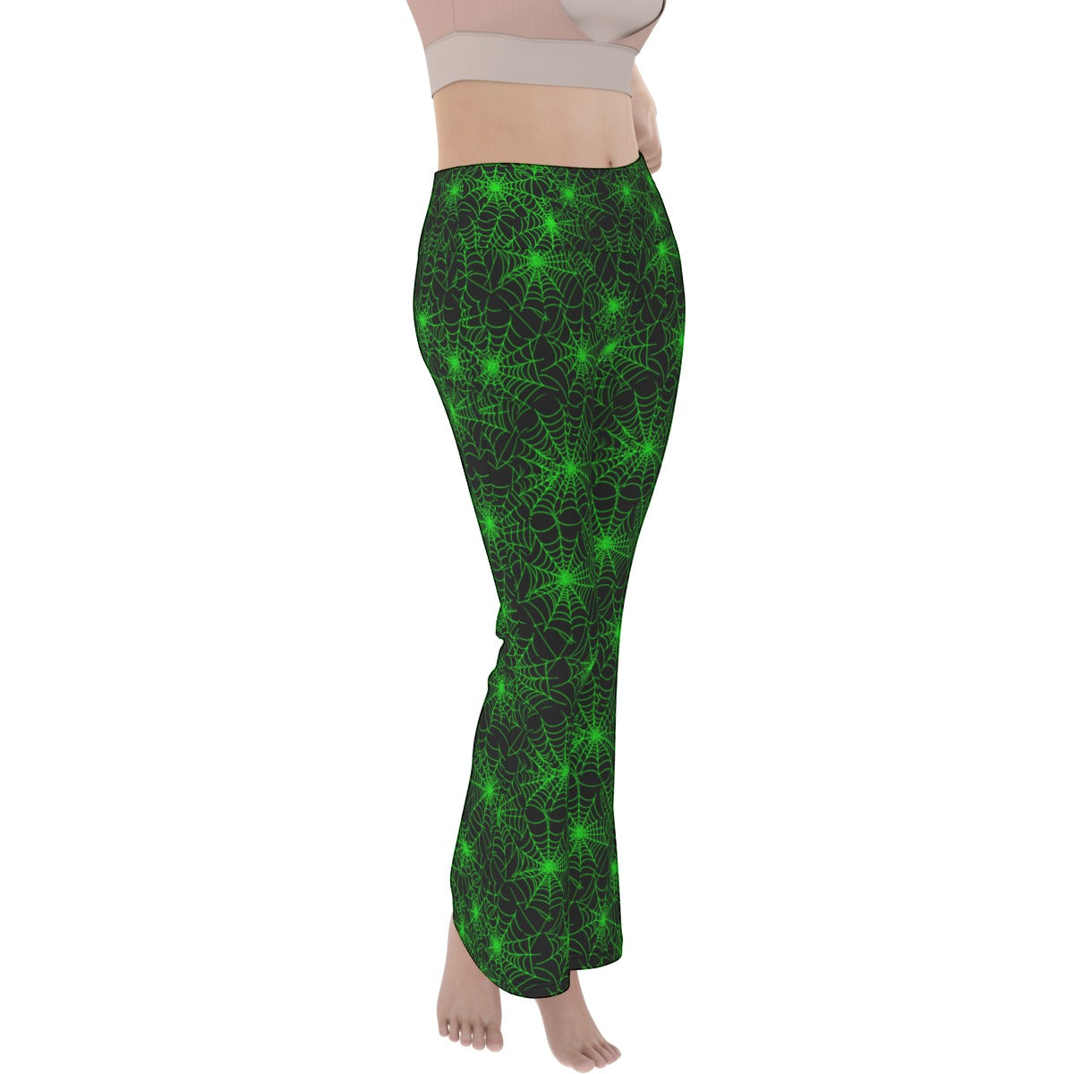 gothic spiderweb pattern flare legging pants for women in green and black