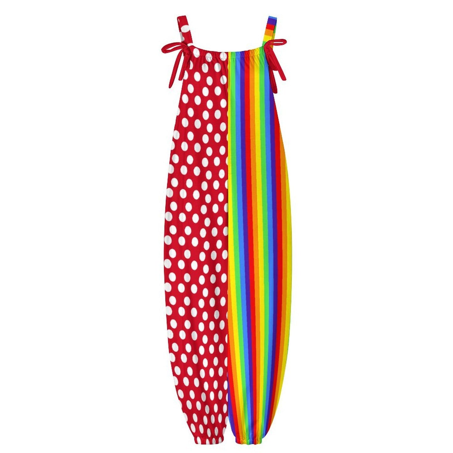 Red polka dot jumpsuit with rainbow straps on a white background