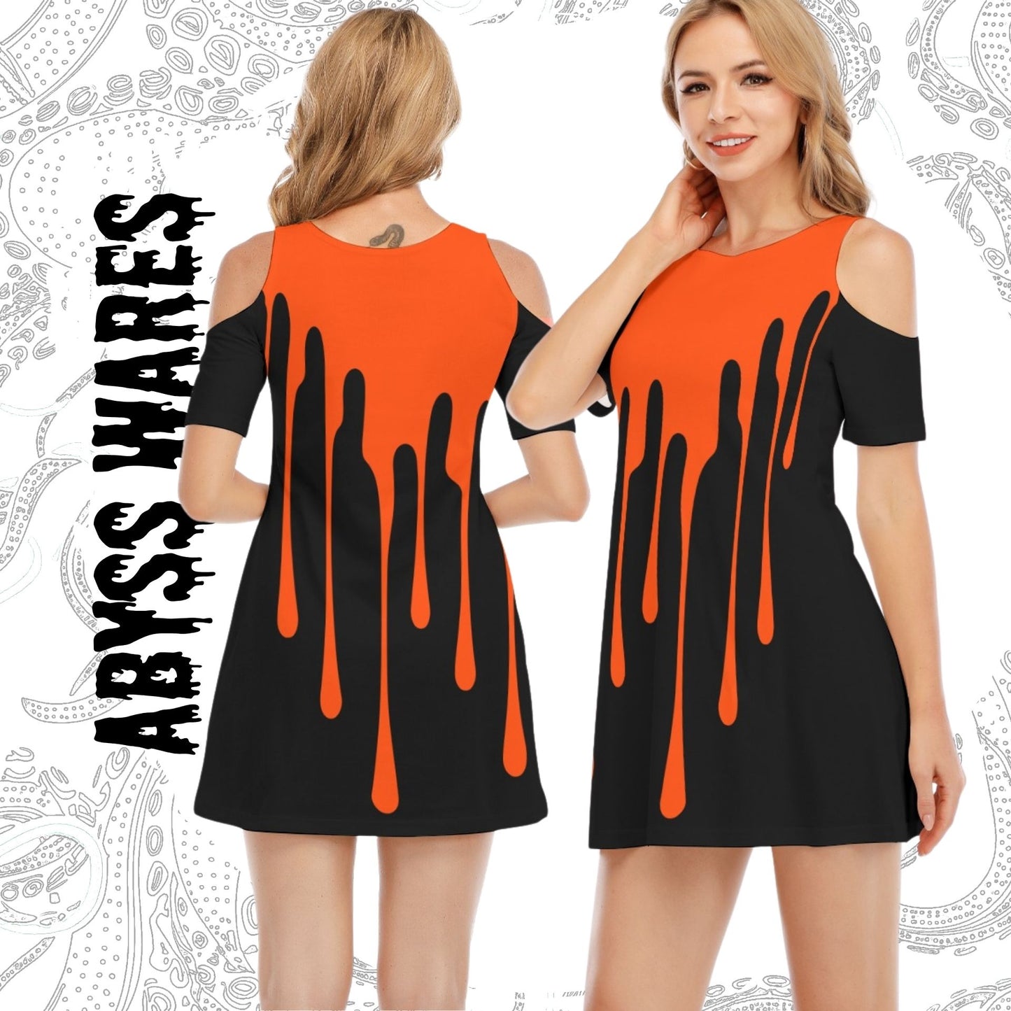 Drippy Orange Paint Splat COTTON Dress Sexy Cold Shoulder Cutouts Weirdcore Scenecore Women Sundress