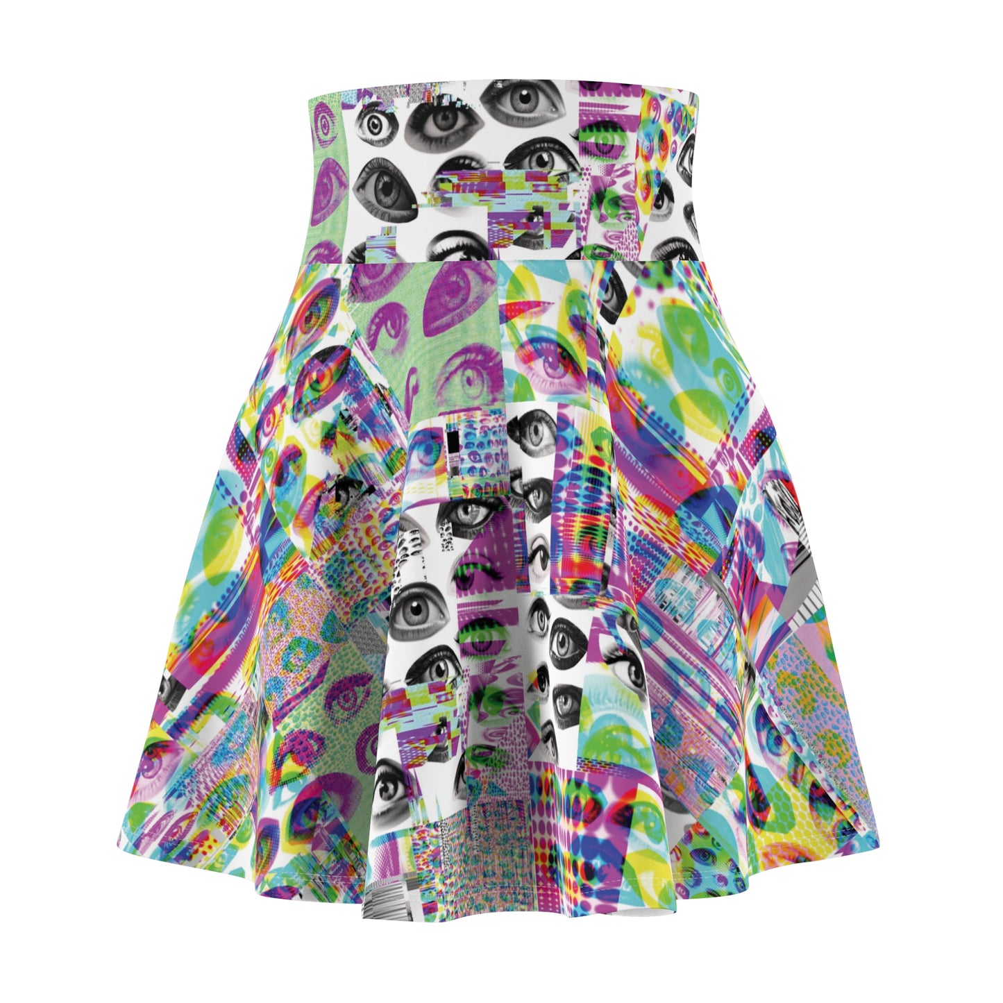 A colorful, patterned skirt featuring a mix of eye graphics and abstract designs in vibrant hues of green, pink, blue, and yellow.