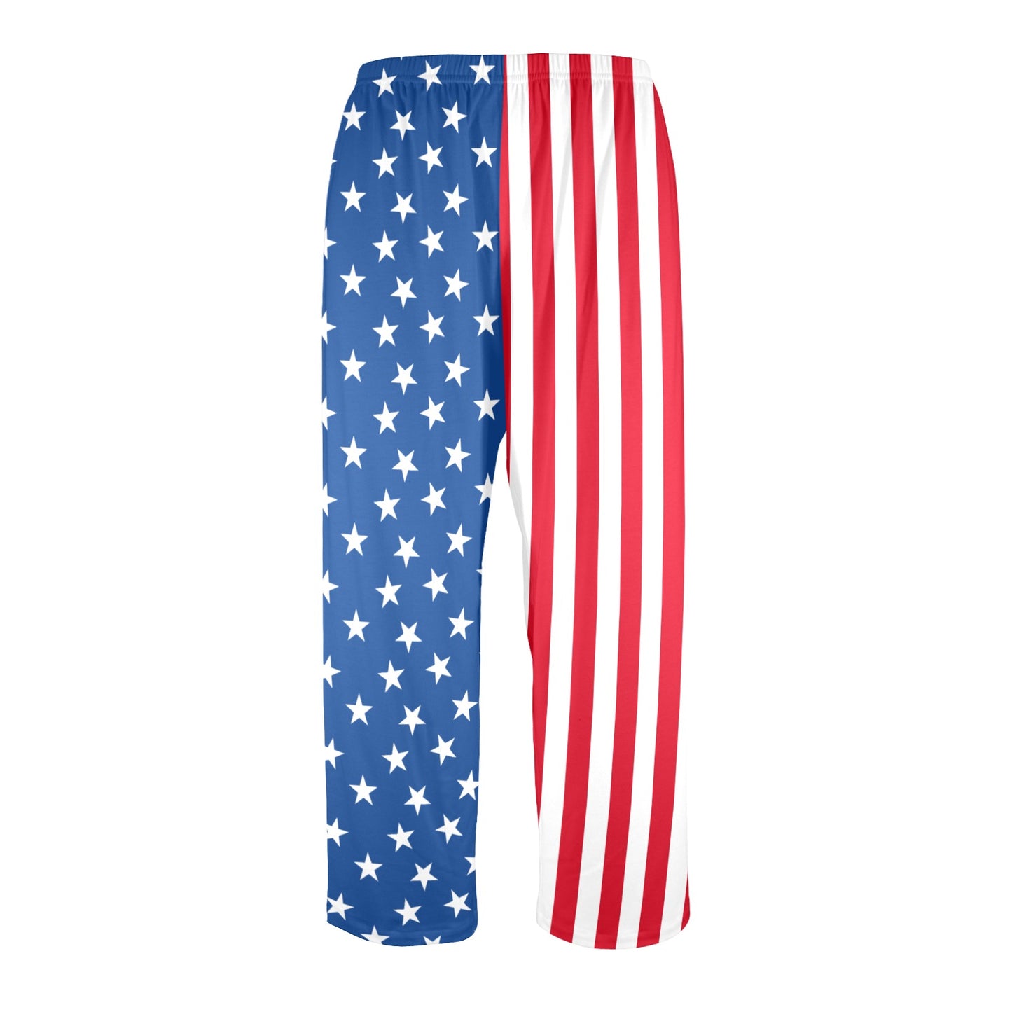Pajama pants with American flag design on a white background