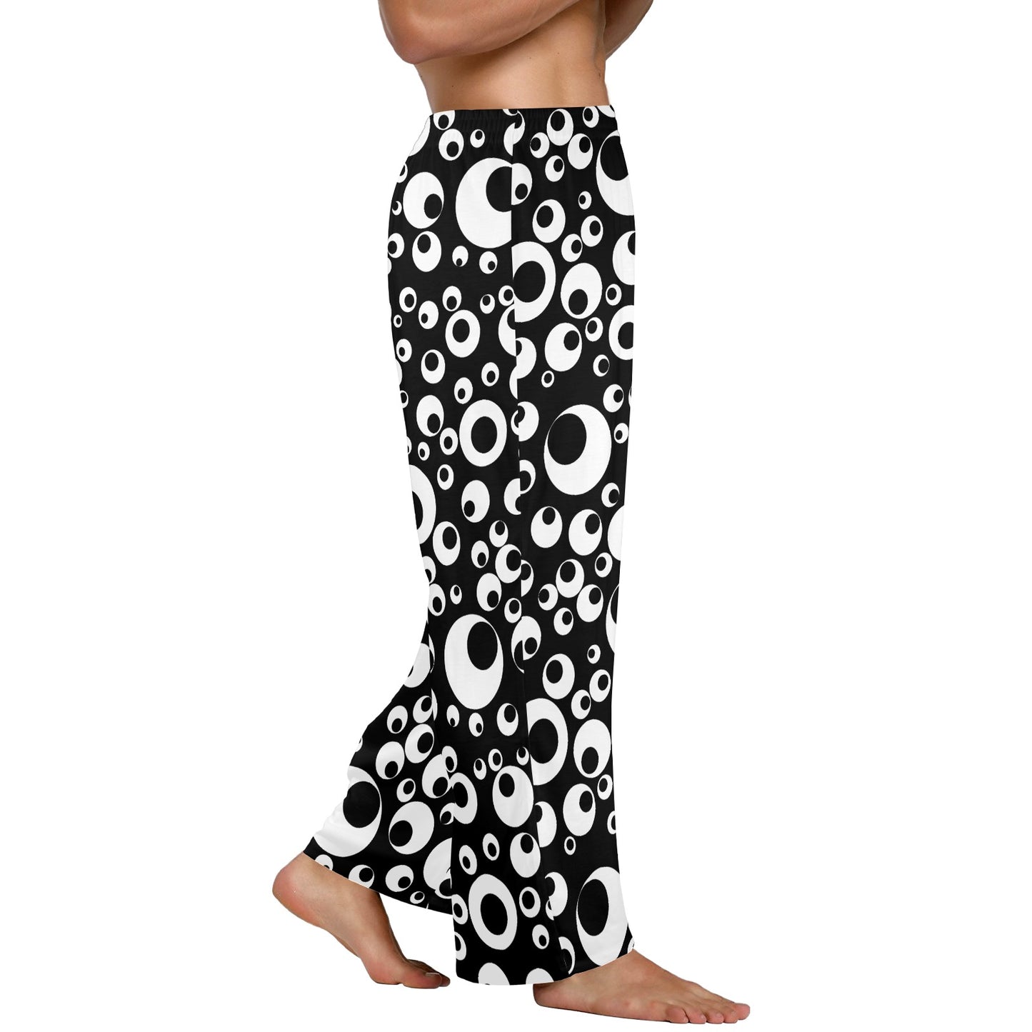 side view of long googly eye wide leg baggy casual pants for men women unisex