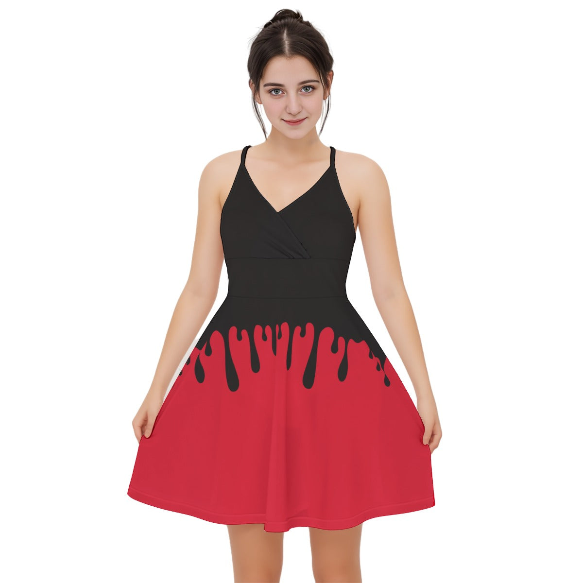 black slime over red skirt empire waist v-neck creepy cute sundress