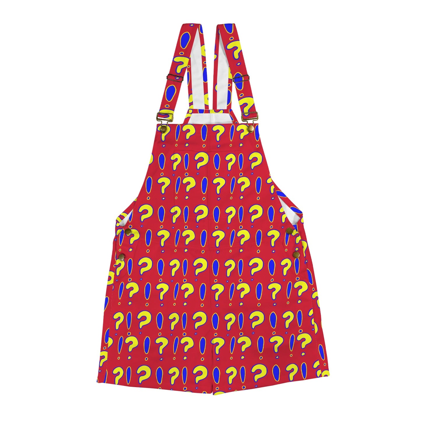 Whimsical red short overalls printed with repeating interrobangs in yellow and blue