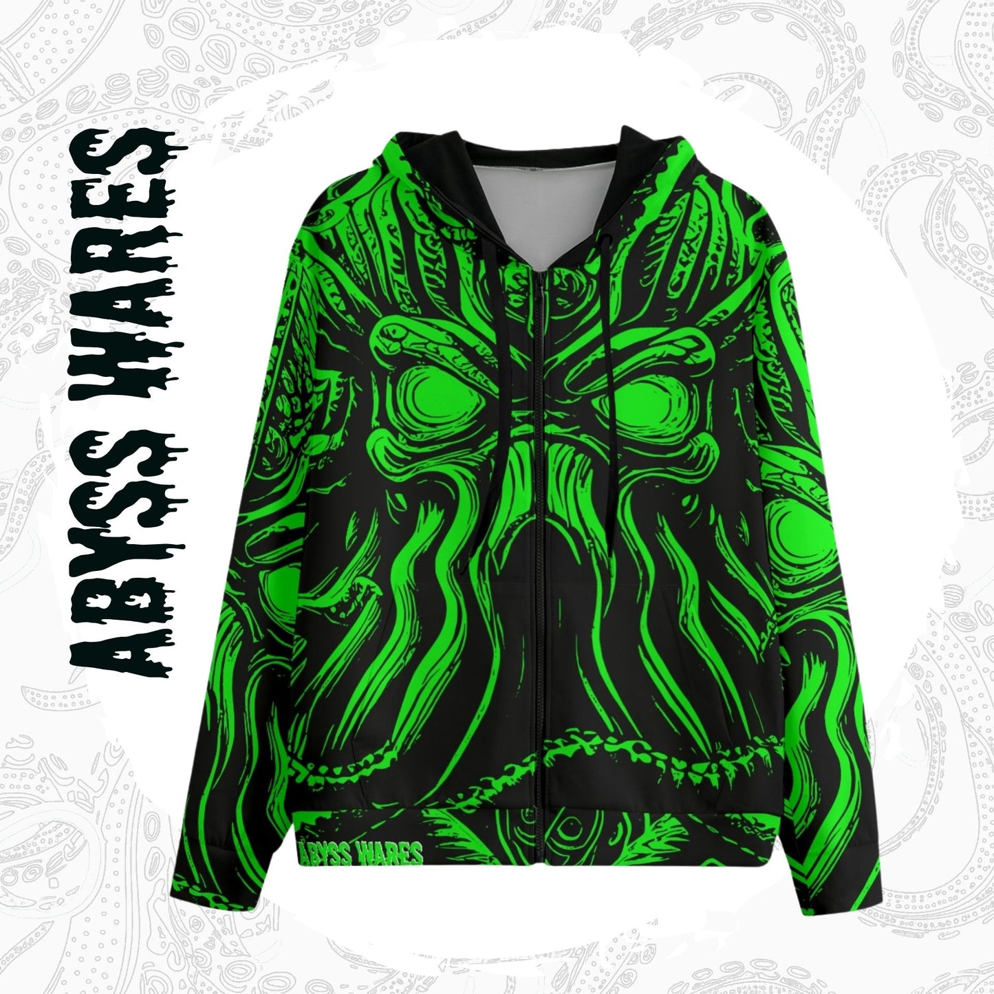 lime green zip up hoodie with Cthulhu monster head